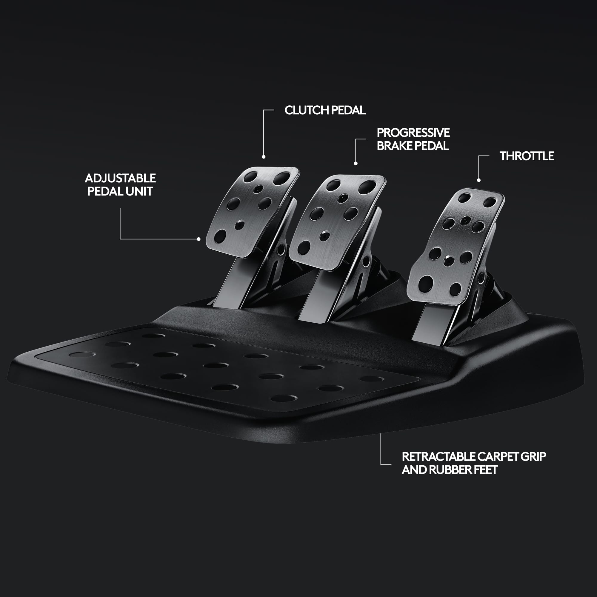 The image features a black pedal unit with a clutch pedal, progressive brake pedal, and throttle. The pedal unit also includes an adjustable pedal, a retractable carpet grip, and rubber feet for added grip and stability.