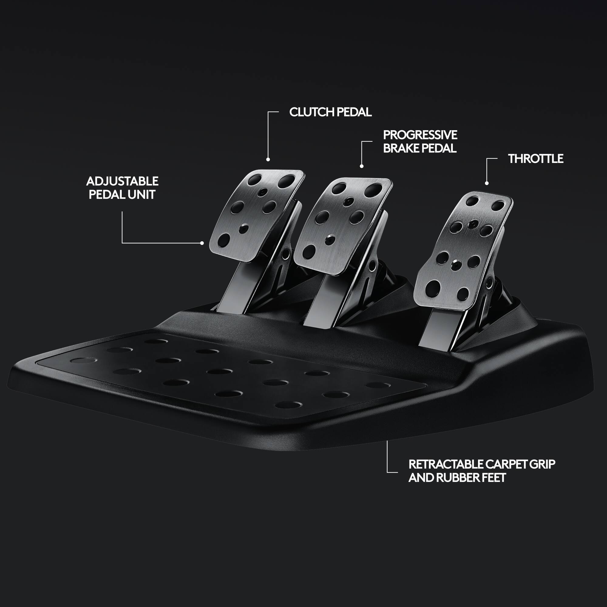 The image features a black pedal unit with a clutch pedal, progressive brake pedal, and throttle. The pedal unit also includes an adjustable pedal, a retractable carpet grip, and rubber feet for added grip and stability.