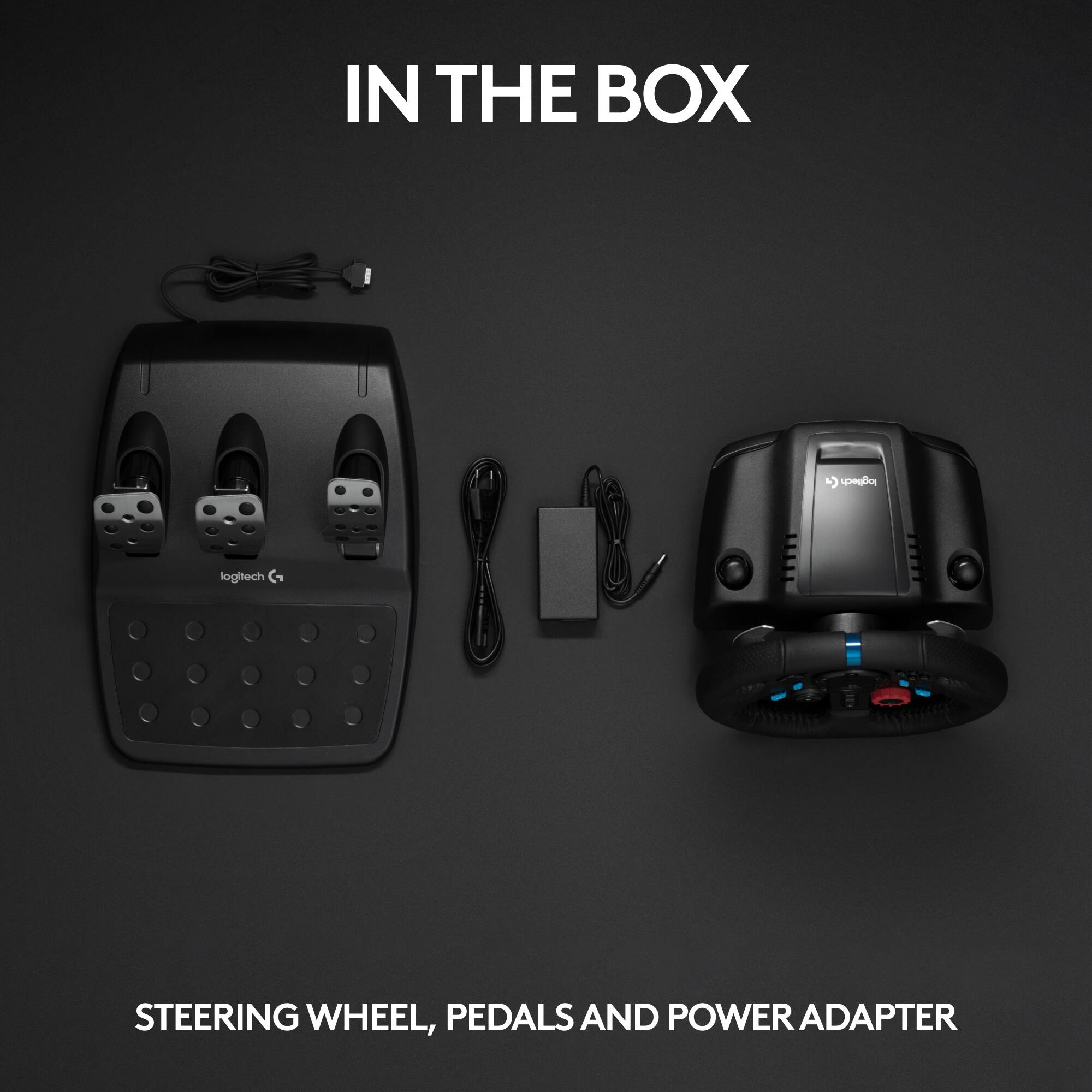 In the box: Logitech steering wheel, pedals and power adapter.