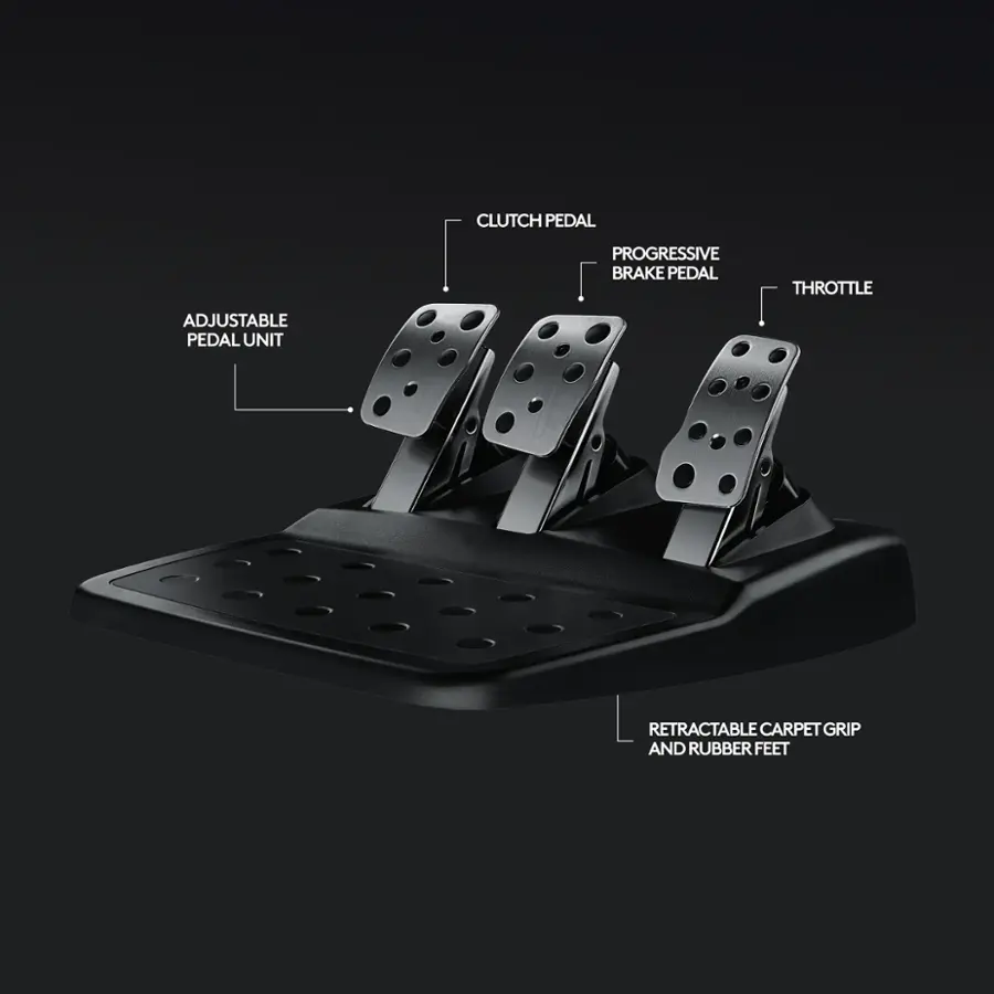 The image shows a pedal unit with a clutch pedal, progressive brake pedal, and throttle. It also features an adjustable pedal unit and a retractable carpet grip for added traction. The pedals are accompanied by rubber feet for added stability.