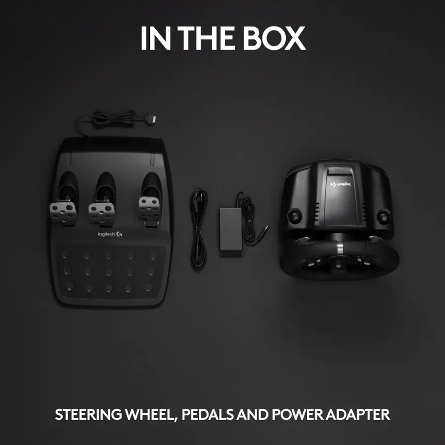 In the box, there is a Logitech steering wheel, pedals, and a power adapter.