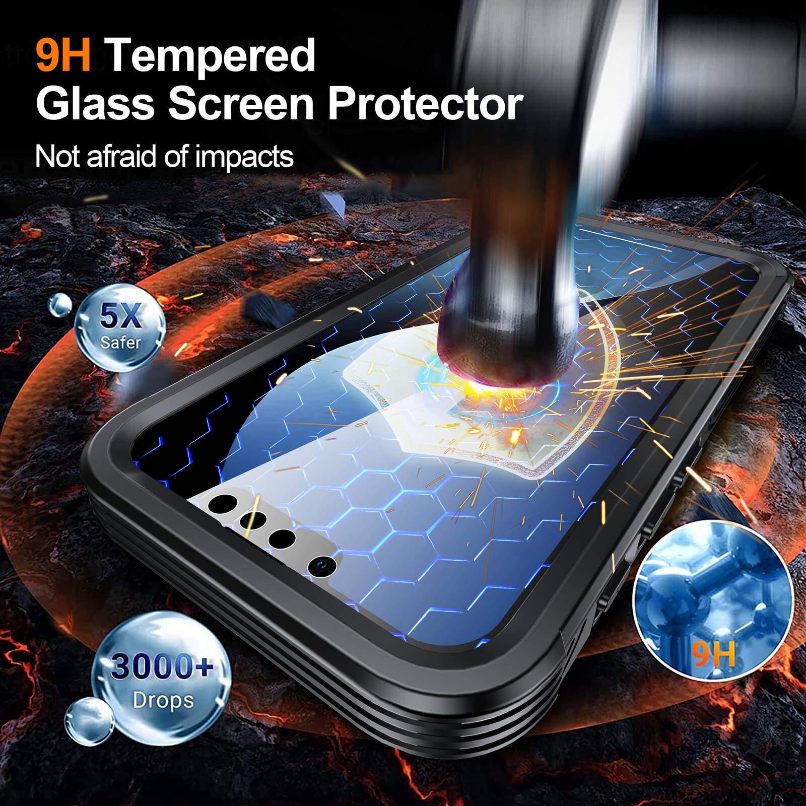 9H Tempered Glass Screen Protector  
Not afraid of impacts  
5X Safer  
3000+ Drops  
9H