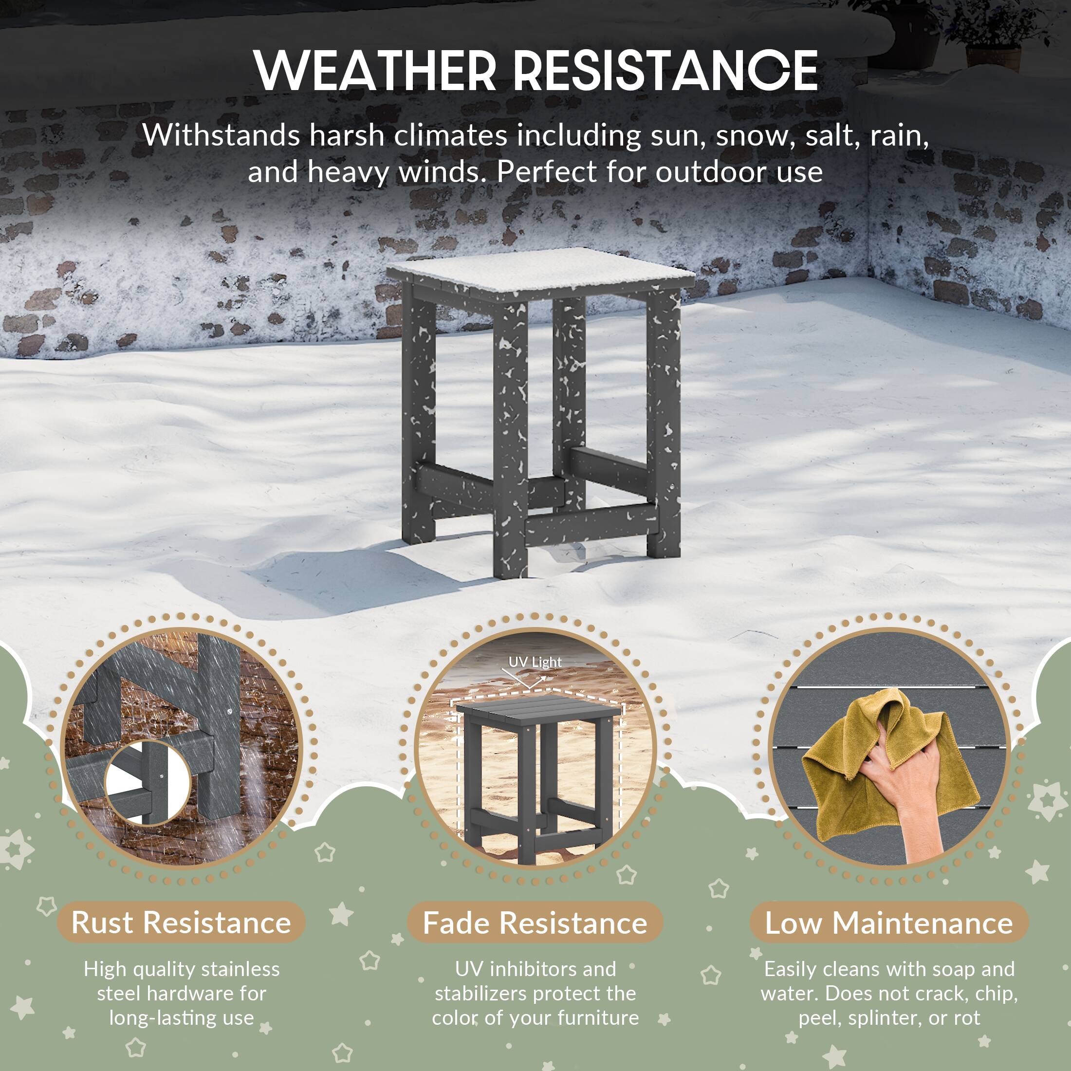 WEATHER RESISTANCE

Withstands harsh climates including sun, snow, salt, rain, and heavy winds. Perfect for outdoor use

UV Light

Rust Resistance
- High quality stainless steel hardware for long-lasting use

Fade Resistance
- UV inhibitors and stabilizers protect the color of your furniture

Low Maintenance
- Easily cleans with soap and water. Does not crack, chip, peel, splinter, or rot