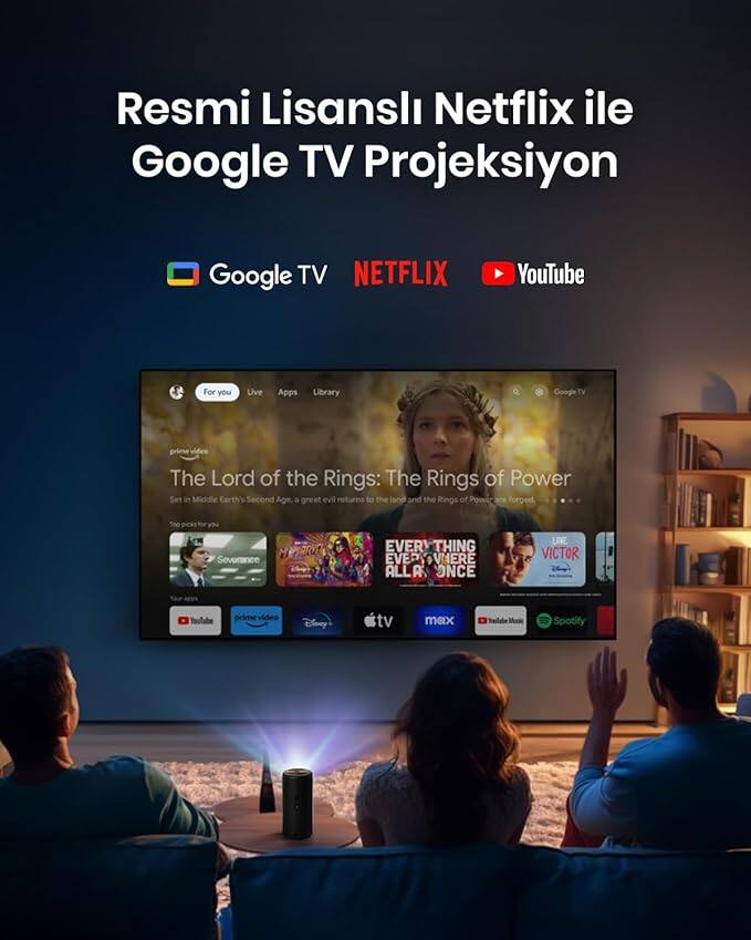 Resmi Lisanslı Netflix ile Google TV Projeksiyon  
Google TV  
NETFLIX  
YouTube  
For you  
Live  
Apps  
Library  

The Lord of the Rings: The Rings of Power  
Set in Middle Earth's Second Age, a great evil returns to the land and the Rings of Power are forged  

EVERYTHING EVERYWHERE ALL AT ONCE  
VICTOR  

prime video  
Disney+  
max  
Spotify