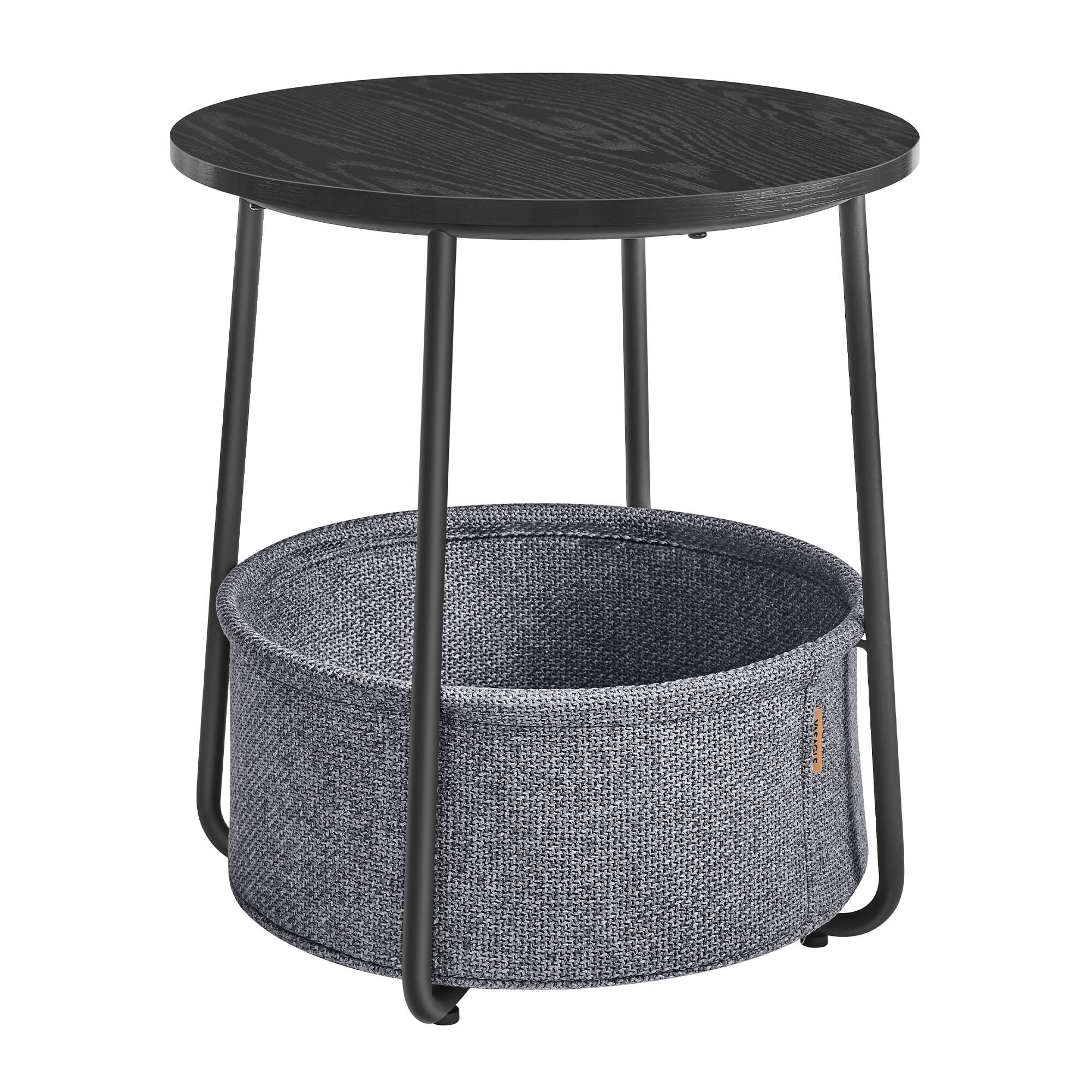 Songmics Home - Side Table, Round End Table with Fabric Basket, Spacious, for Living Room Bedroom, Bedside Table, Modern Style - Ebony Black and Slate Gray