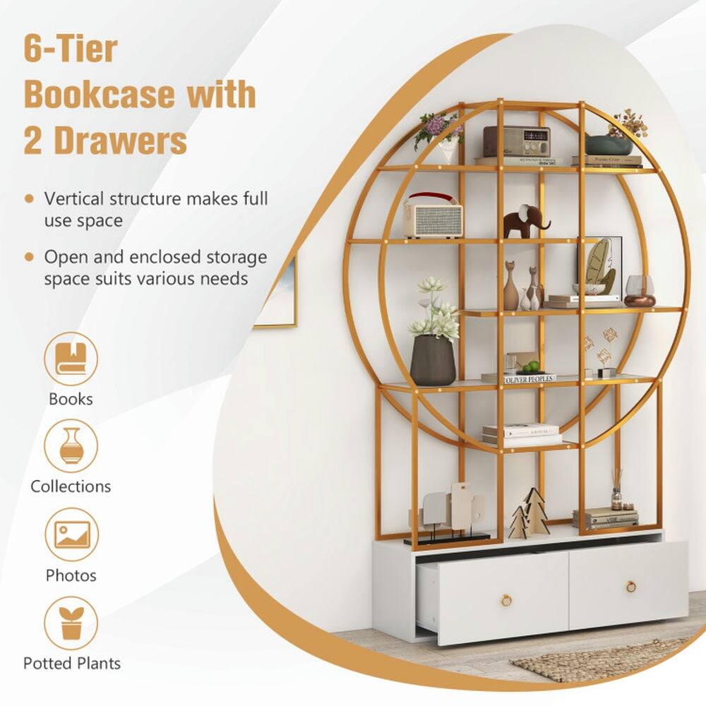 6-Tier Bookcase with 2 Drawers

- Vertical structure makes full use of space
- Open and enclosed storage space suits various needs

Books  
Collections  
Photos  
Potted Plants