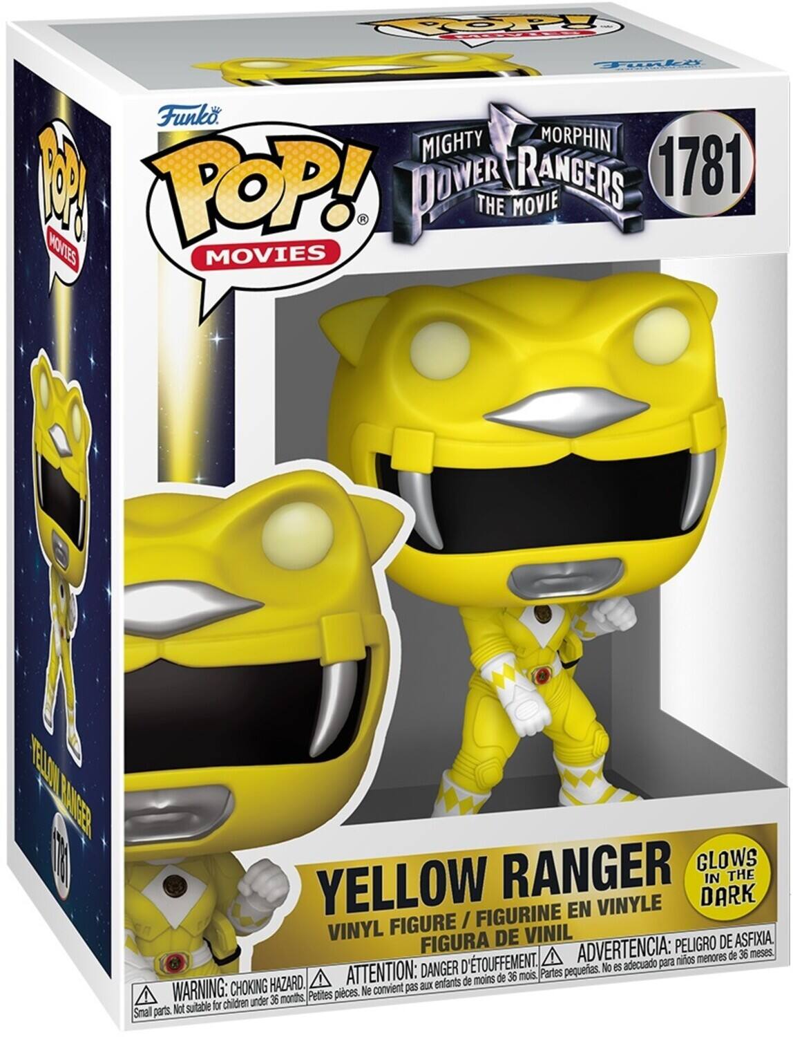 The text on the image can be grouped and corrected as follows:

**Funko Pop! Movies**
**Mighty Morphin Power Rangers**
**1781 The Movie**
**Yellow Ranger**
**Vinyl Figure / Figurine en Vinyle / Figura de Vinil**

**Glow in the Dark**

**Warning: Choking Hazard. Small parts. Not suitable for children under 36 months.**
**Attention: Danger d'étouffement. Petits pièces. Ne convient pas aux enfants de moins de 36 mois.**
**Advertencia: Peligro de asfixia. Partes pequeñas. No es adecuado para niños menores de 36 meses.**

This text is from the packaging of a Funko Pop! vinyl figure from the Mighty Morphin Power Rangers series.