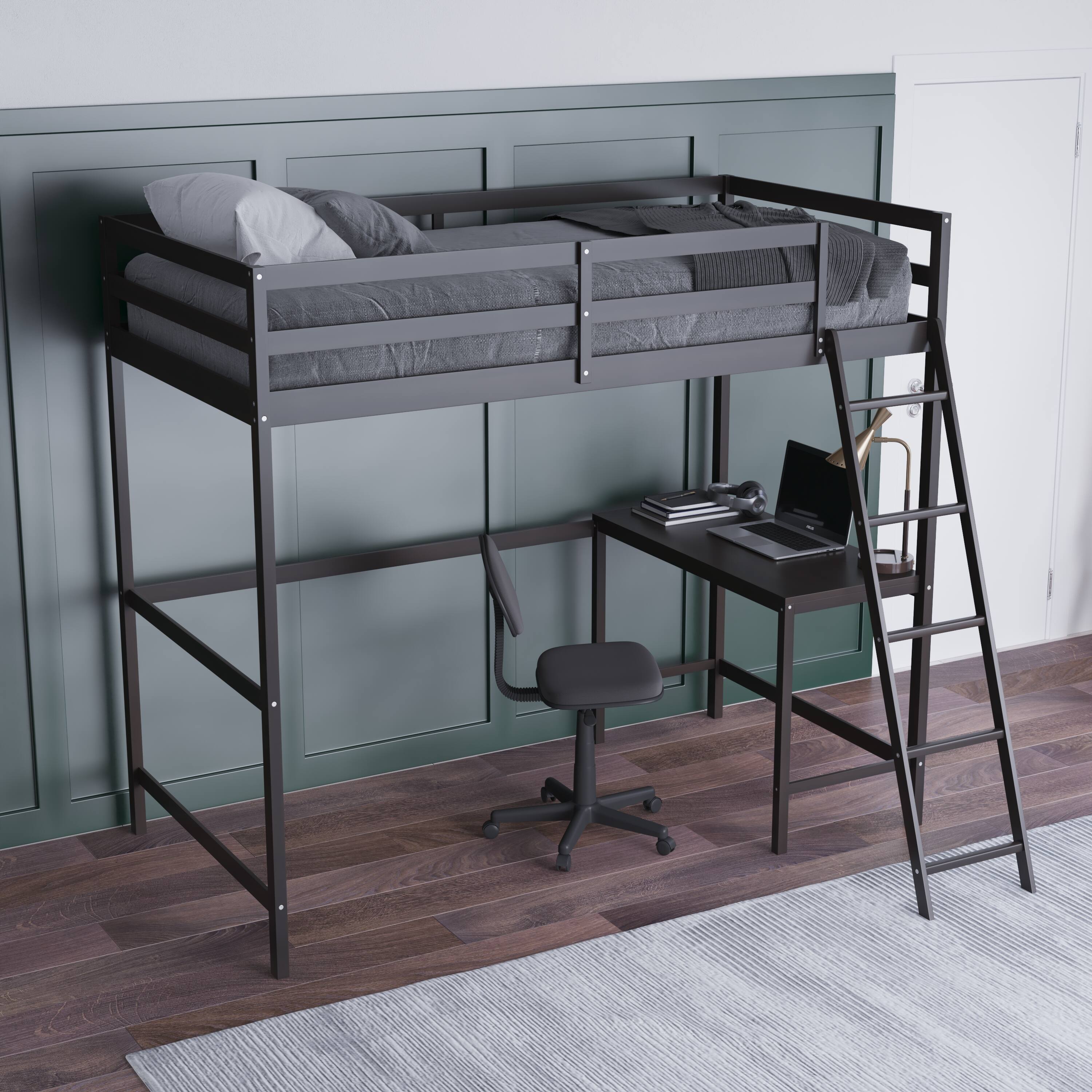 Alt View 3. Emma + Oliver - Wooden Loft Bed Frame with Integrated Desk and Ladder - Espresso.