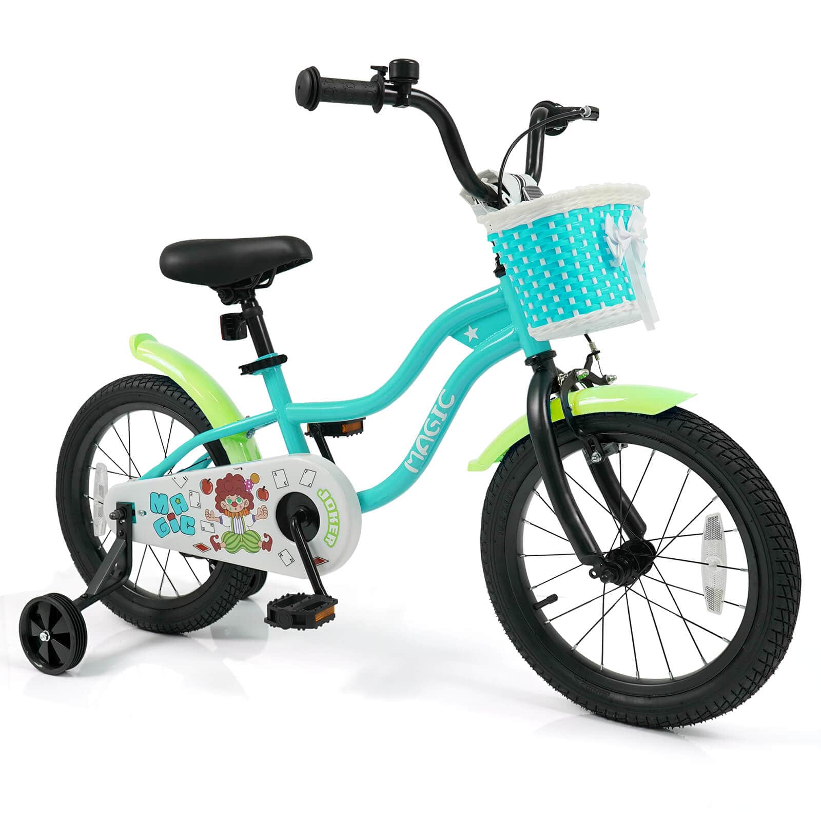 Costway - 16" Kids Bike with Training Wheels, Basket, Hand & Coaster Brakes, Adjustable Seat - Green