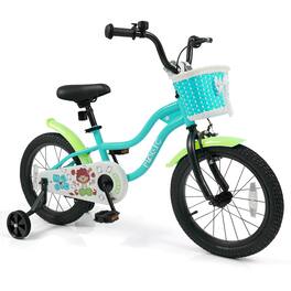Costway - 16" Kids Bike with Training Wheels, Basket, Hand & Coaster Brakes, Adjustable Seat - Green