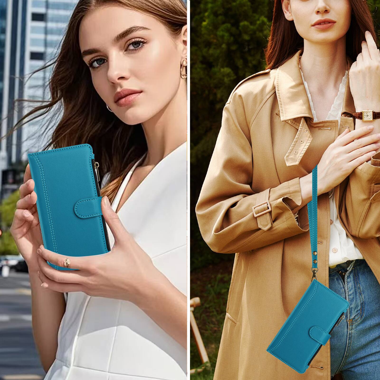 Alt View 1. Dteck - Crossbody Wallet Case for Apple iPhone 17, Shockproof Zipper PU Leather Flip Stand Cover with 9 Card Slots - Blue.