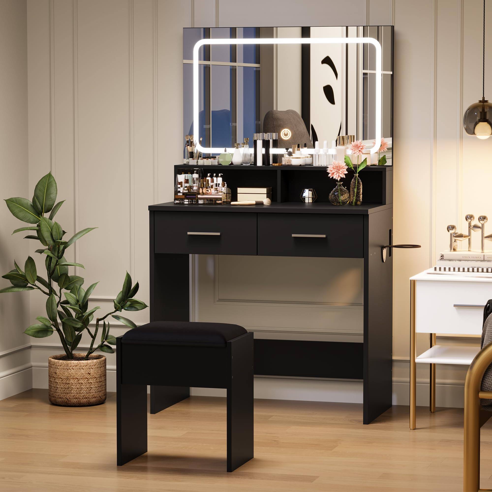 Alt View 2. Jojoka - Vanity Desk with Lighted Mirror & Stool, Makeup Table with Power Outlet, 2 Drawers & 3-Mode Adjustable LED - Black.