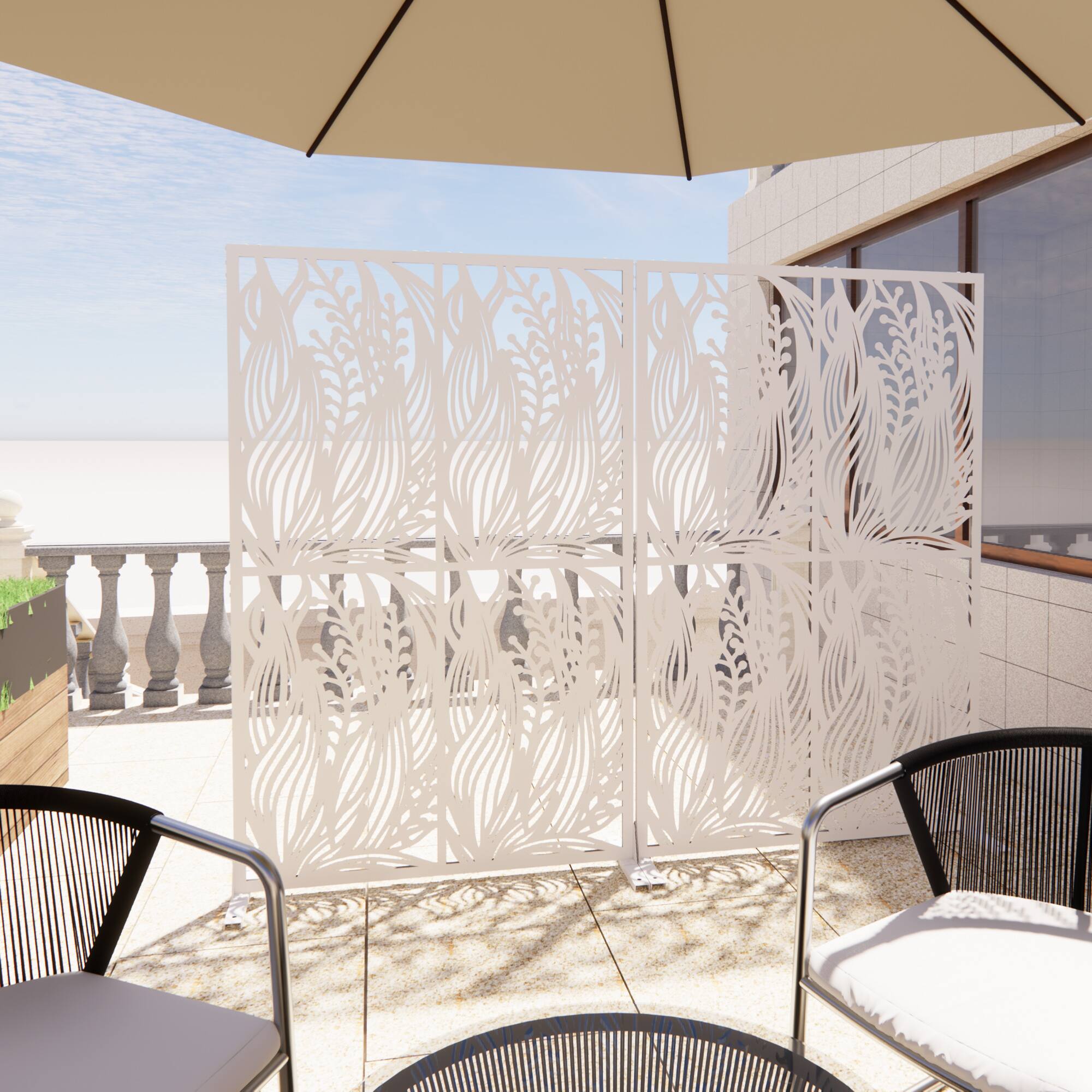 Back. Loheer - 3.8 ft x 6 ft Metal Privacy Screen Freestanding Room Divider for Patio Balcony Garden Leaf Pattern - White.
