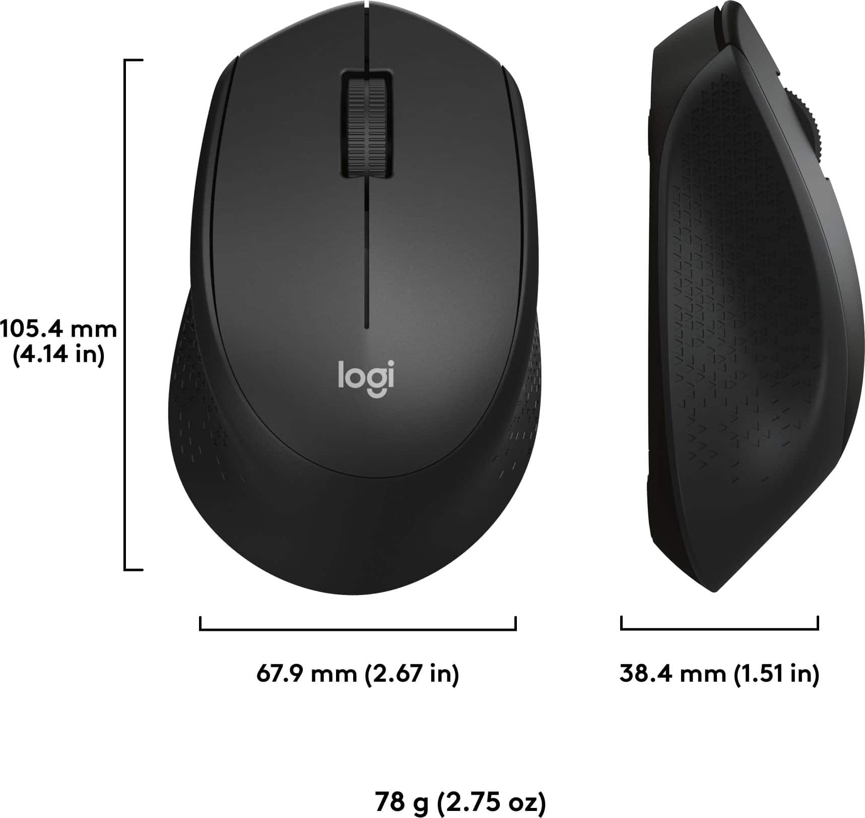 The image features a black computer mouse with the Logitech logo on it. The mouse is shown in two different positions, one on the left side and the other on the right side. The measurements for the mouse are provided, with the dimensions being 105.4 mm (4.14 in) and 38.4 mm (1.51 in) for the left side, and 78 g (2.75 oz) for the right side.