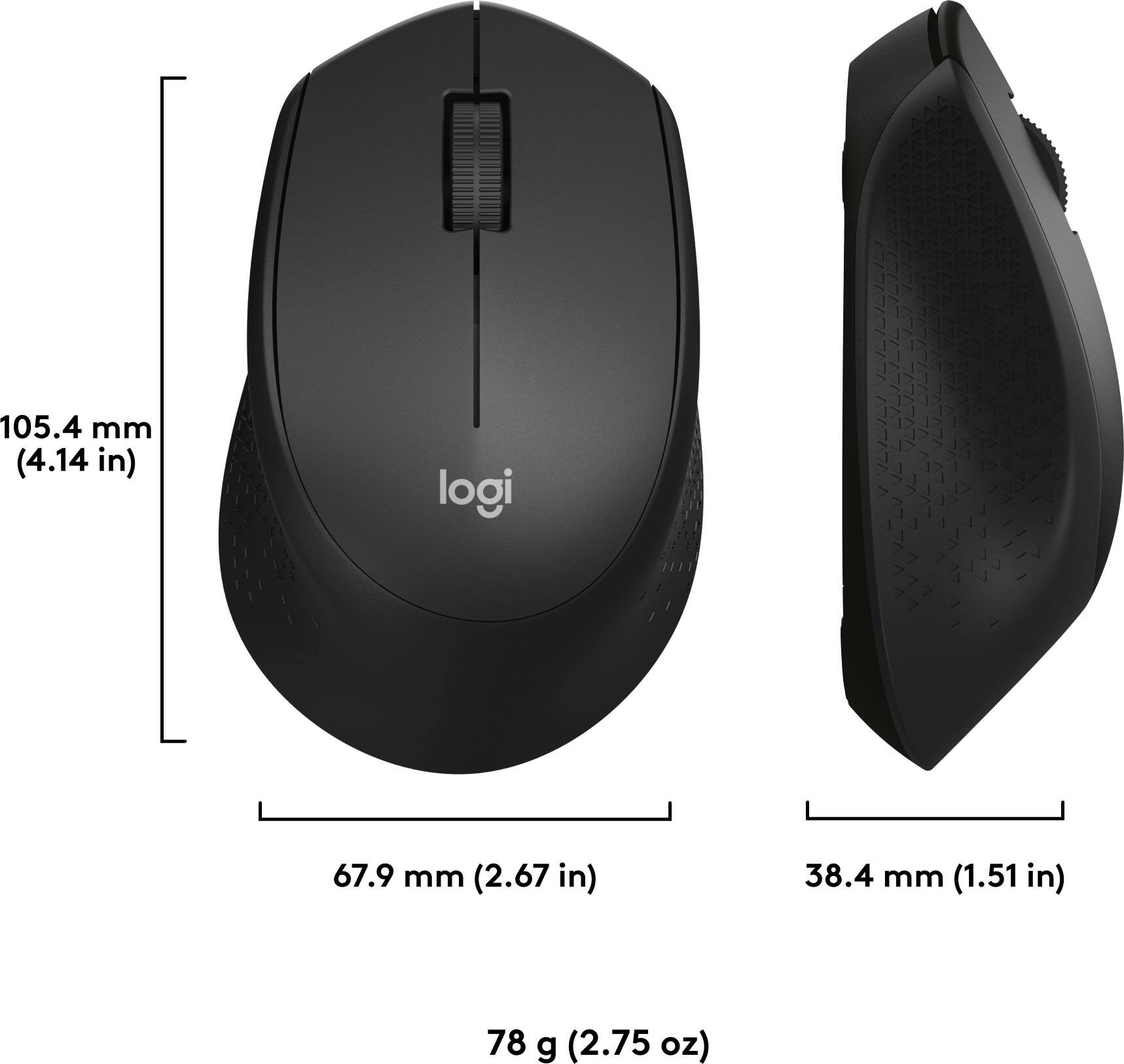 The image features a black computer mouse with the Logitech logo on it. The mouse is shown in two different positions, one on the left side and the other on the right side. The measurements for the mouse are provided, with the dimensions being 105.4 mm (4.14 in) and 38.4 mm (1.51 in) for the left side, and 78 g (2.75 oz) for the right side.