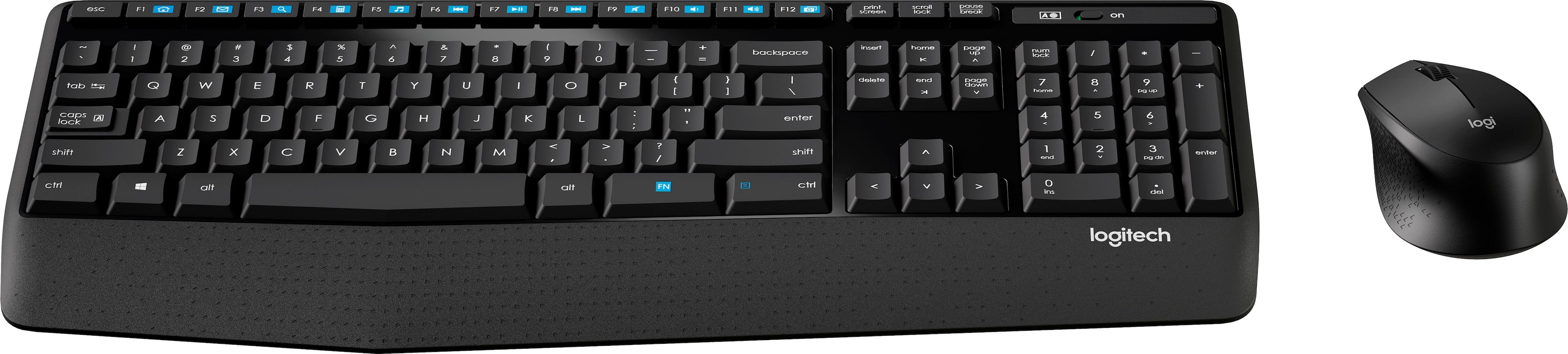 The image features a black keyboard and mouse from the company Logitech. The keyboard is placed on a white background, and the mouse is positioned to the right of the keyboard. The keyboard has a backlit design, which adds a visually appealing touch to the overall setup.