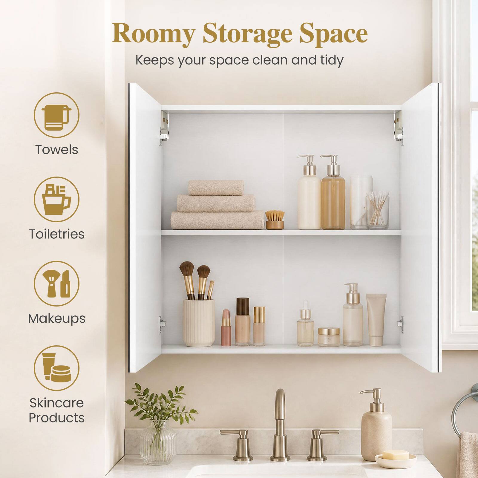 Roomy Storage Space  
Keeps your space clean and tidy

- Towels
- Toiletries
- Makeups
- Skincare Products
