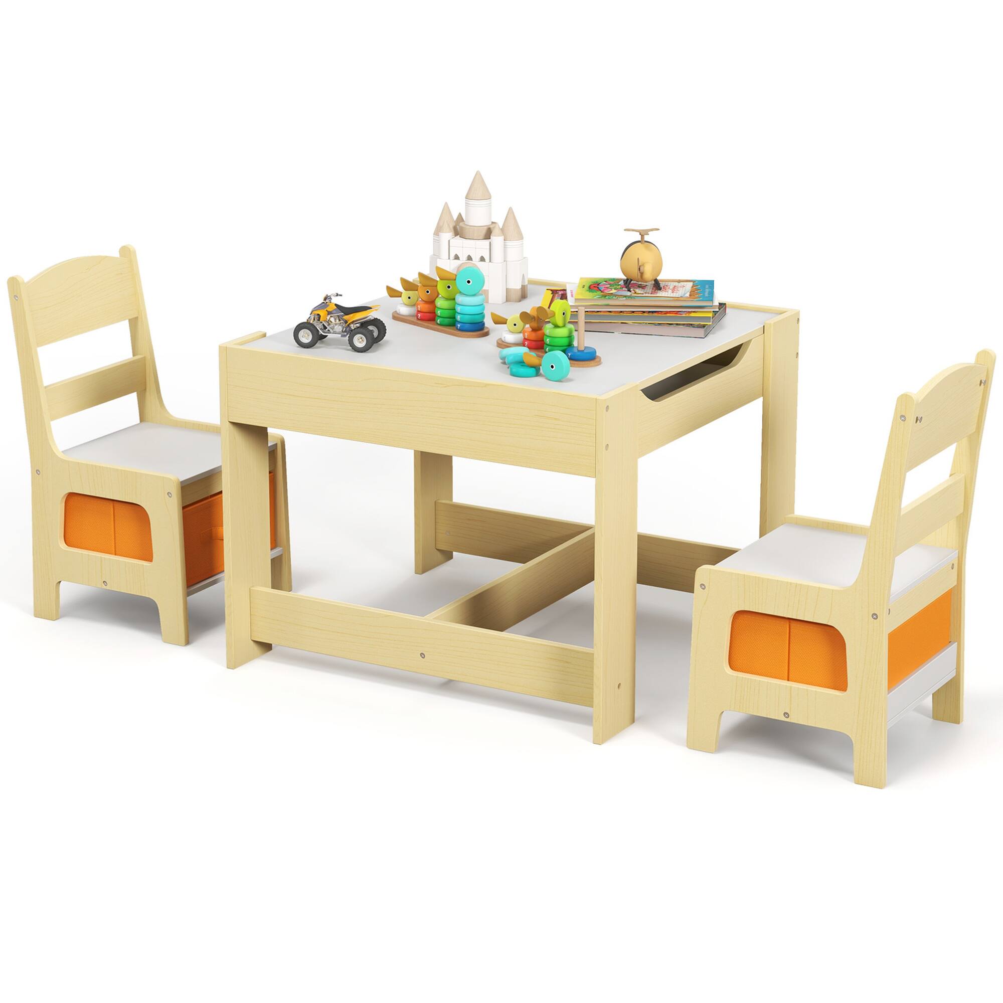 Front. Costway - Costway Kids Table Chairs Set With Storage Boxes Blackboard Whiteboard Drawing - Natural.