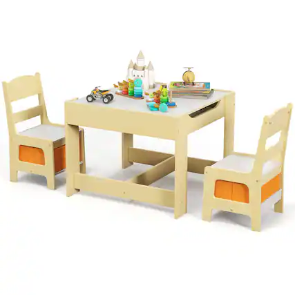 Front. Costway - Costway Kids Table Chairs Set With Storage Boxes Blackboard Whiteboard Drawing - Natural.