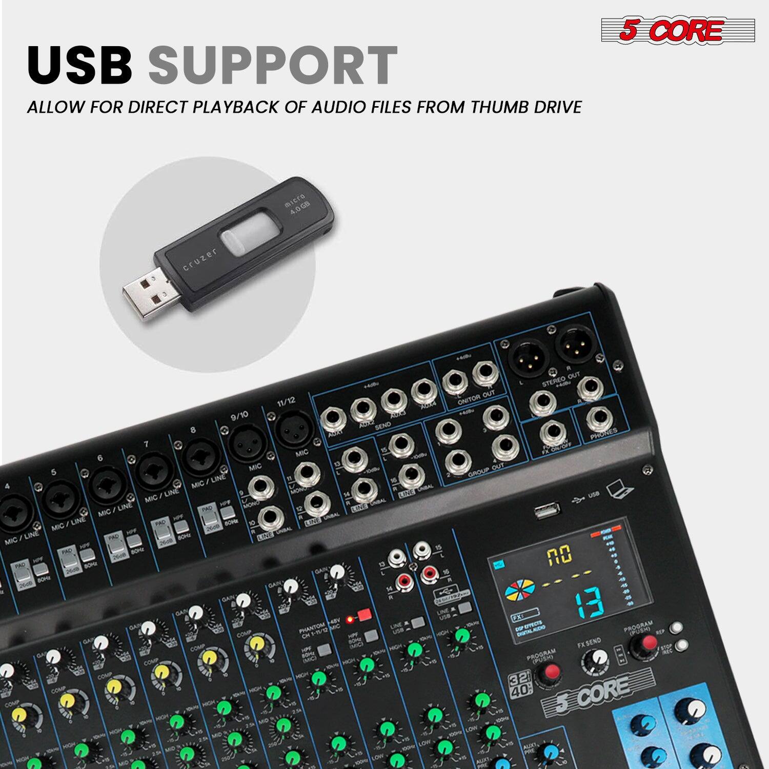 USB SUPPORT  
ALLOW FOR DIRECT PLAYBACK OF AUDIO FILES FROM THUMB DRIVE  

5 CORE