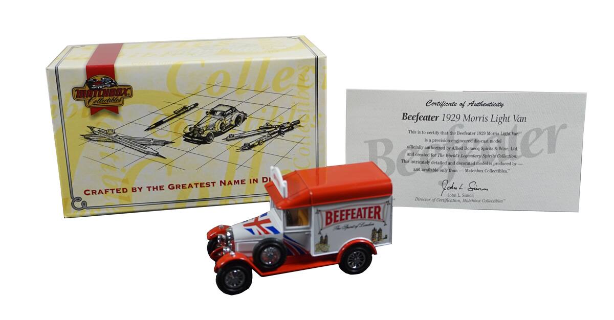 MATCHBOX Collectibles  
Certificate of Authenticity  
Beefeater 1929 Morris Light Van  

This is to certify that the Beefeater 1929 Morris Light Van is a precision-engineered die-cast model officially and created for The Horrid by Allied Domecq Spirits & Wine, Ltd. This intricately detailed and decorated model is produced by Matchbox Collectibles and available only from Matchbox Collectibles.  

Crafted by the greatest name in die-cast.  

John L. Simon  
Director of Certification, Matchbox Collectibles  

BEEFEATER