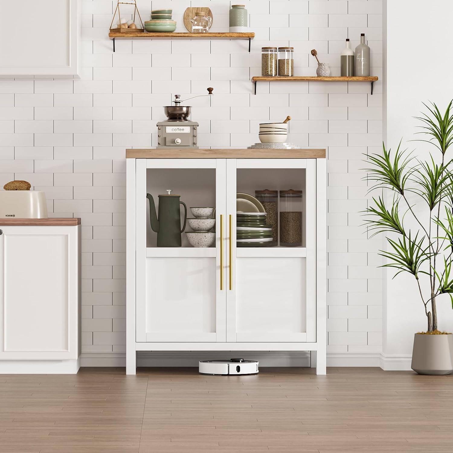 Alt View 1. Jojoka - Sideboard Buffet Cabinet with Two Glass Doors Compact Modern Farmhouse Storage White - White.