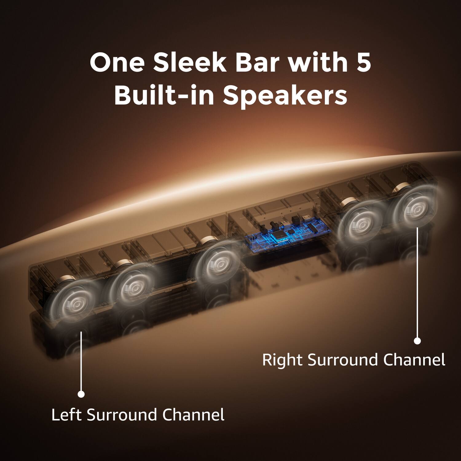 One Sleek Bar with 5 Built-in Speakers

Right Surround Channel

Left Surround Channel
