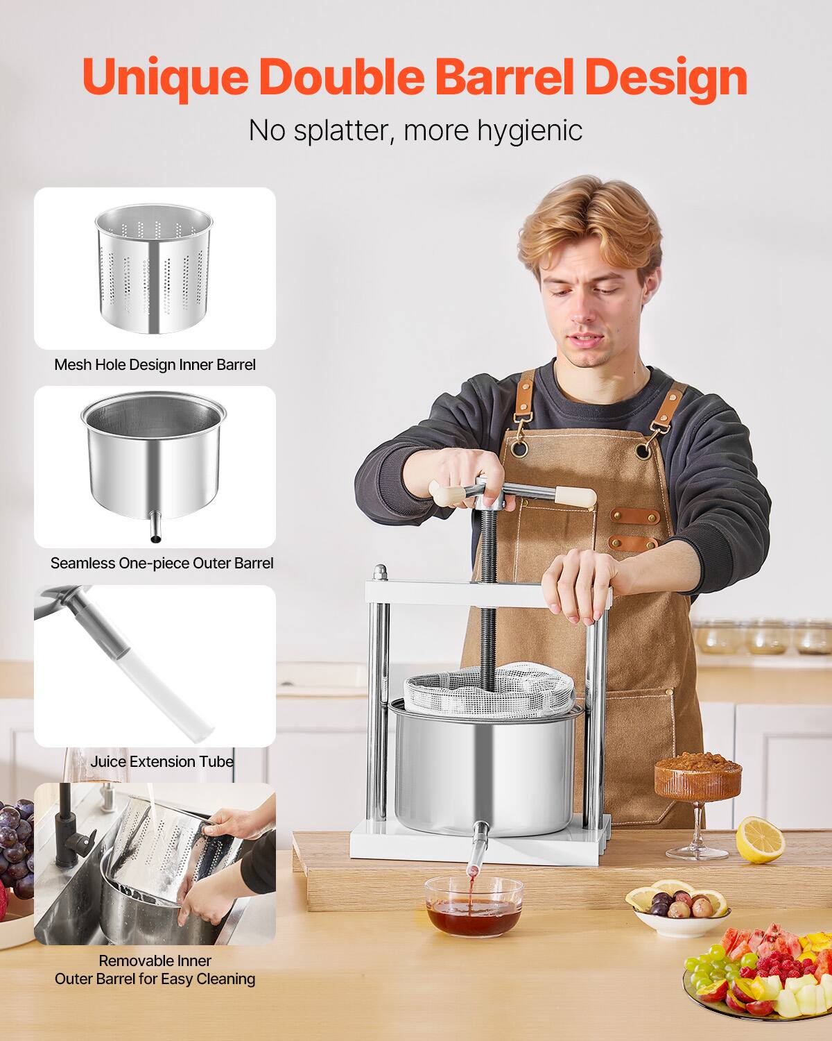 Unique Double Barrel Design  
No splatter, more hygienic  

Mesh Hole Design Inner Barrel  
Seamless One-piece Outer Barrel  
Juice Extension Tube  
Removable Inner Outer Barrel for Easy Cleaning