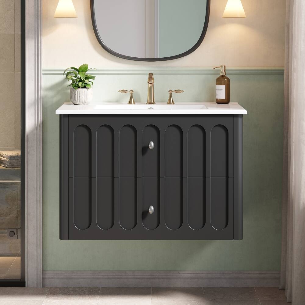 Left. Loheer - Loheer 30 inch floating bathroom vanity Black with Ceramic Sink - Black.