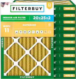 Filterbuy - 20x25x2 MERV 11 Pet & Allergy Defense, Electrostatic Pleated HVAC AC Furnace Air Filters Replacement (12-Pack) - Gold