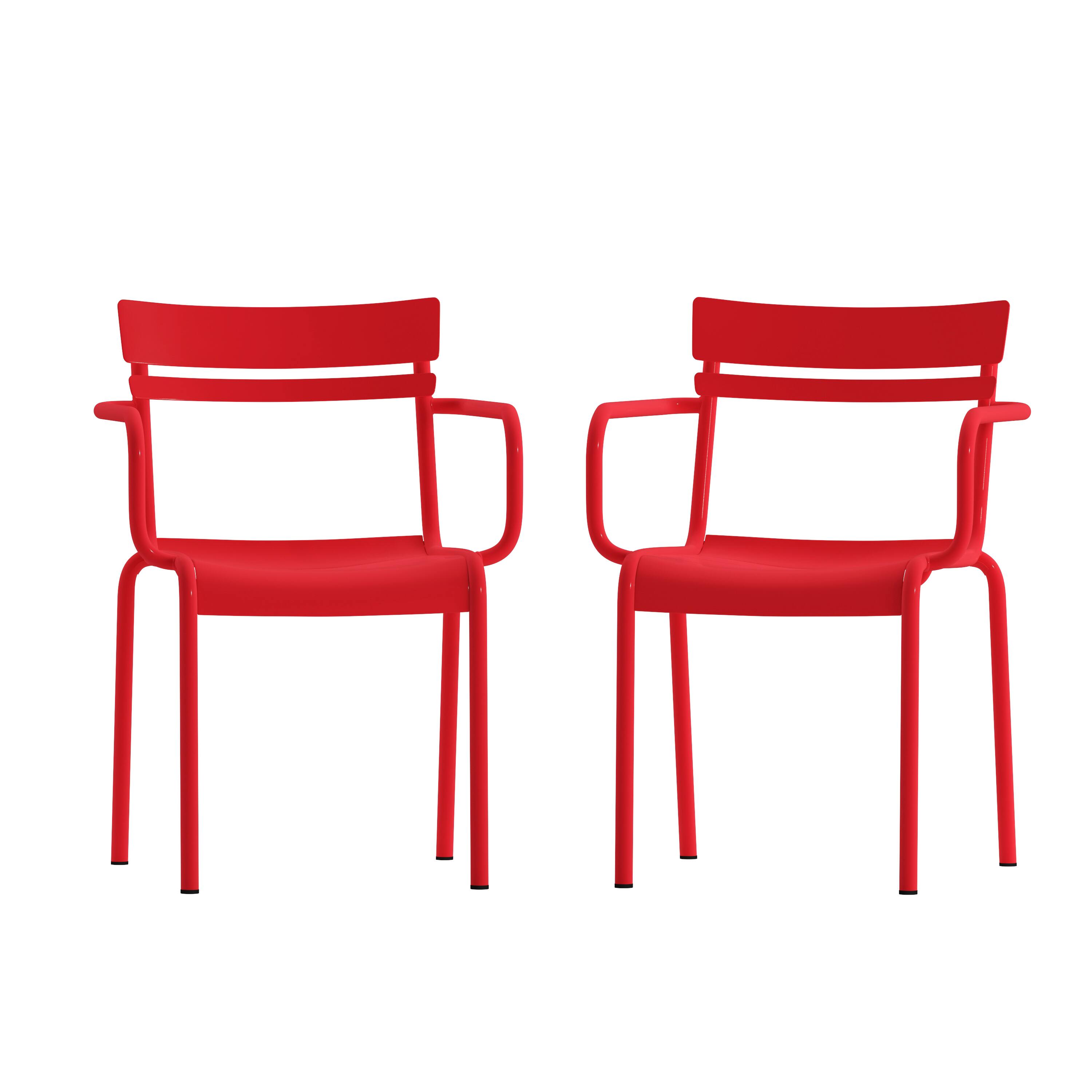Alt View 1. Emma + Oliver - Rennes Powder Coated Steel Stacking Dining Chair with Arms and 2 Slat Back for Indoor-Outdoor Use - Red.