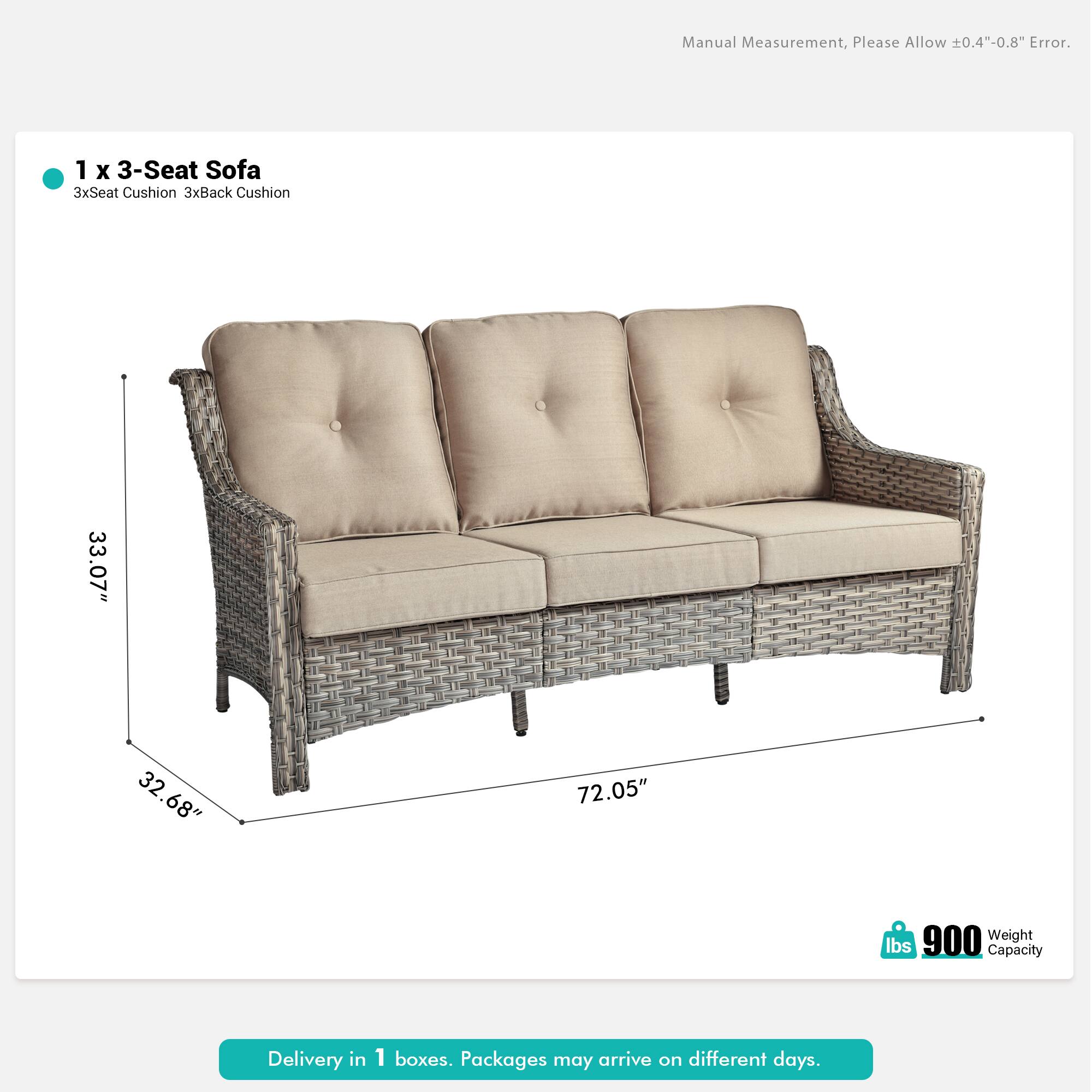 Manual Measurement, Please Allow ±0.4"-0.8" Error.

1 x 3-Seat Sofa  
3xSeat Cushion 3xBack Cushion  
33.07" x 32.68" x 72.05"  
900 lbs Weight Capacity  

Delivery in 1 boxes. Packages may arrive on different days.