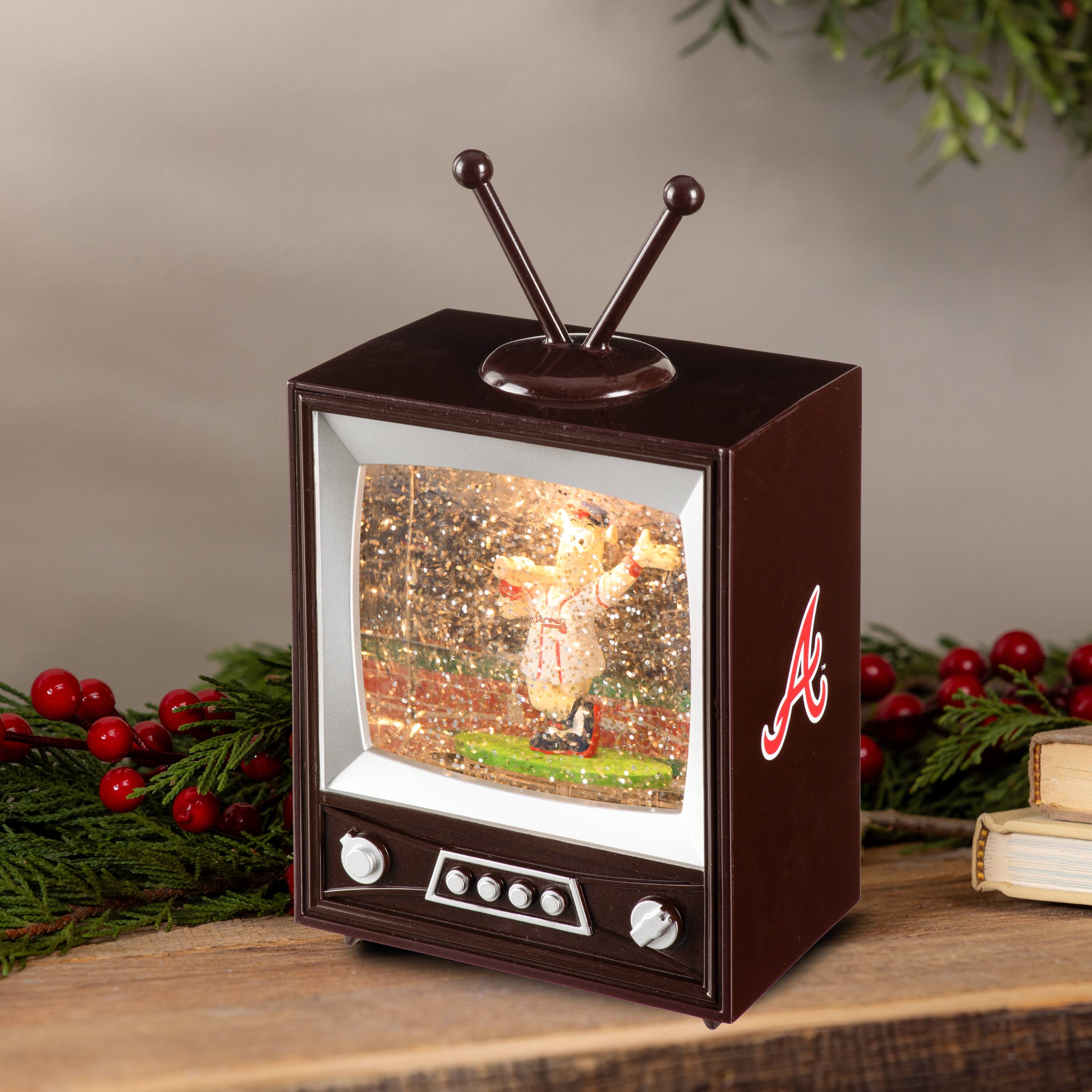 Alt View 1. Evergreen Enterprises - Atlanta Braves 8" Vintage TV Water Globe Lantern with Mascot - Brown.