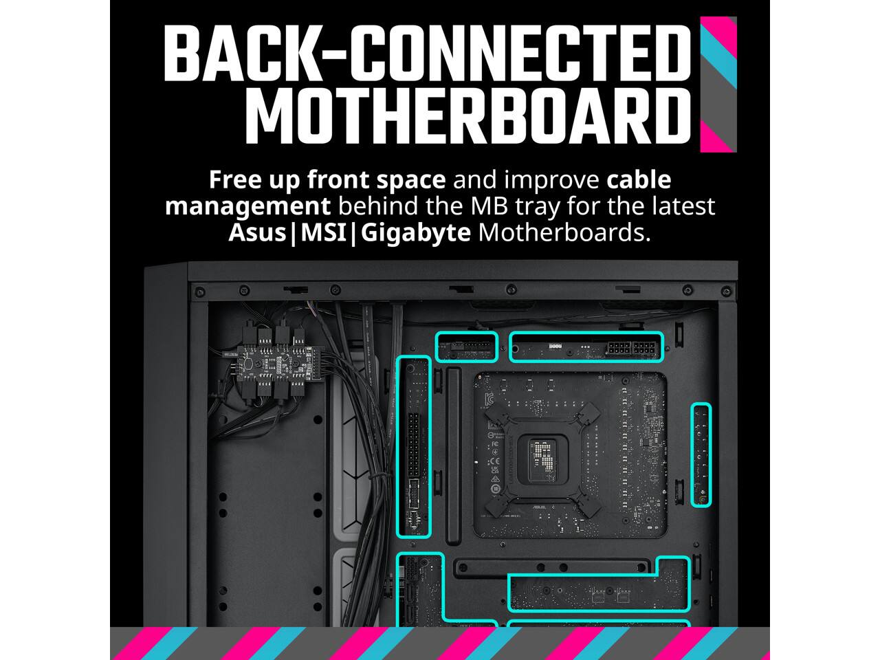 BACK-CONNECTED MOTHERBOARD

Free up front space and improve cable management behind the MB tray for the latest Asus | MSI | Gigabyte Motherboards.