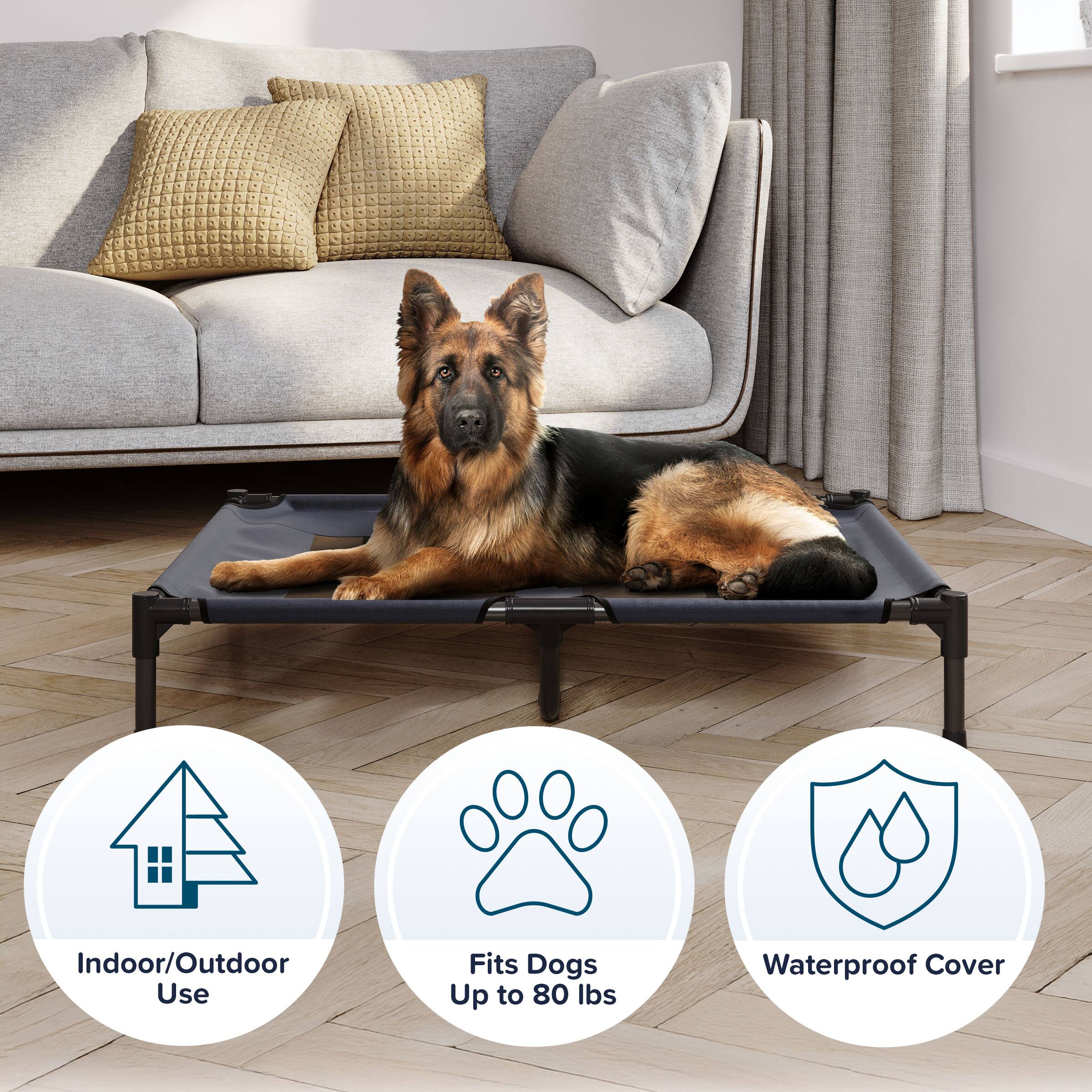 Indoor/Outdoor Use  
Fits Dogs Up to 80 lbs  
Waterproof Cover