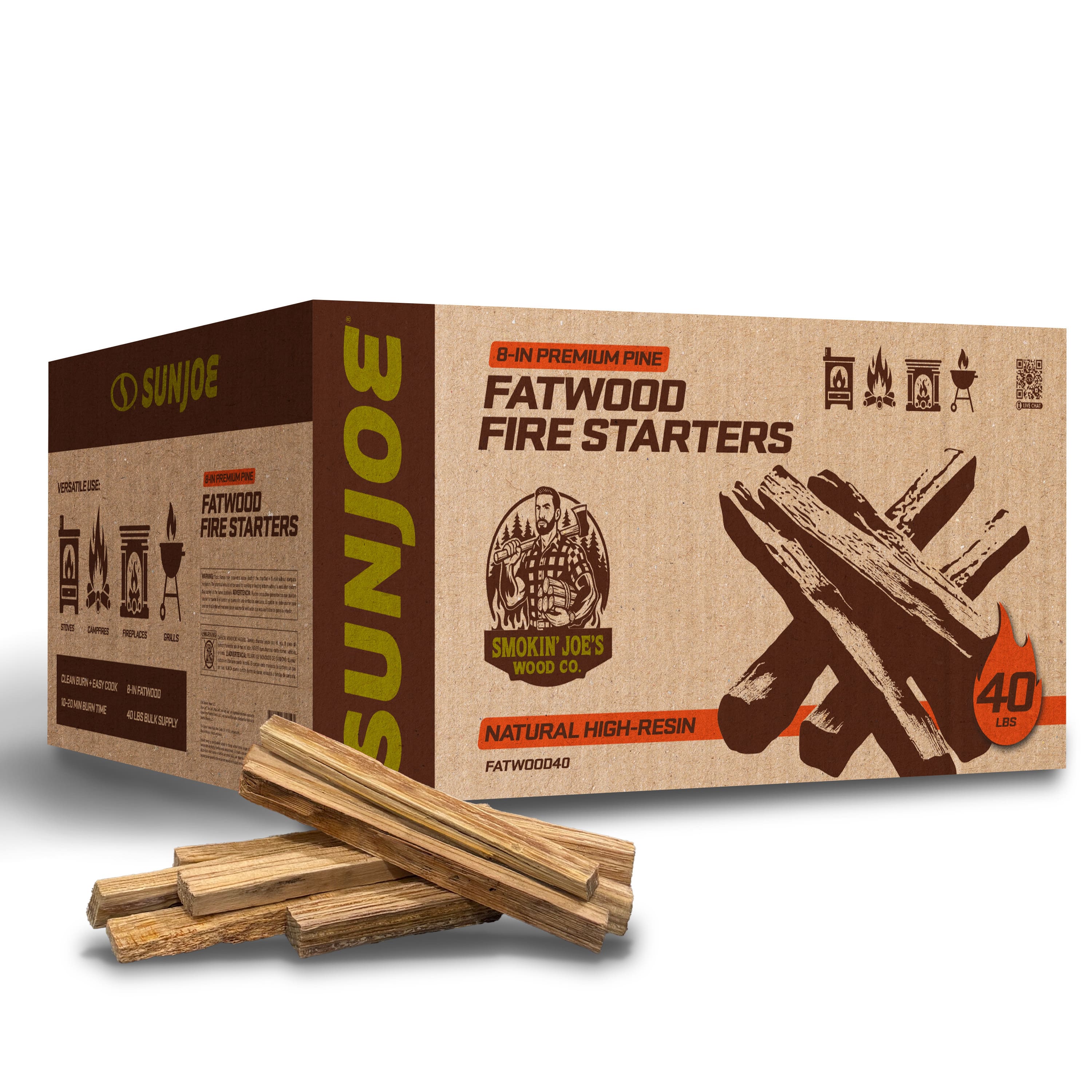 Sun Joe - 40 Lb Fatwood Fire Starter Sticks for Fireplace, Wood Stove & Grill Use - Brown
