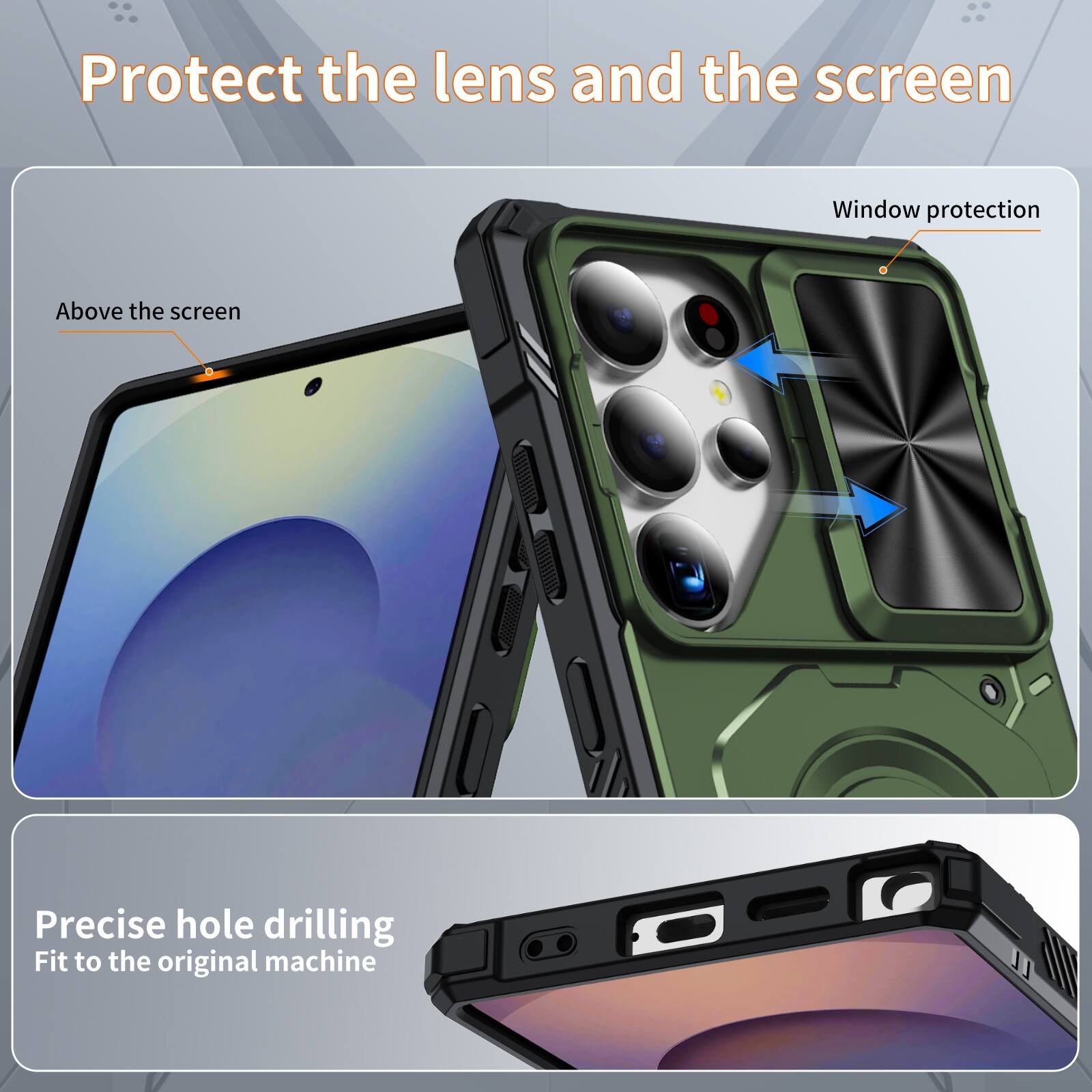 Protect the lens and the screen

Window protection

Above the screen

Precise hole drilling

Fit to the original machine