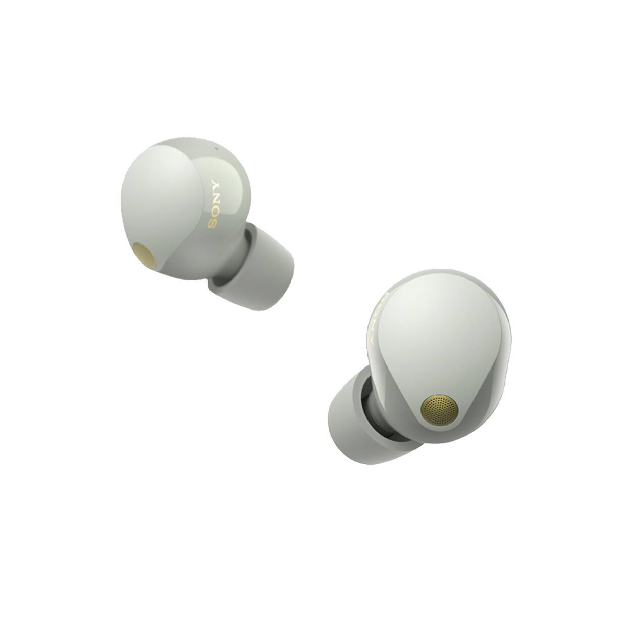 Left. Sony - Sony WF-1000XM5 Truly Wireless Noise Canceling Earbuds Bundle (Silver) - Silver.