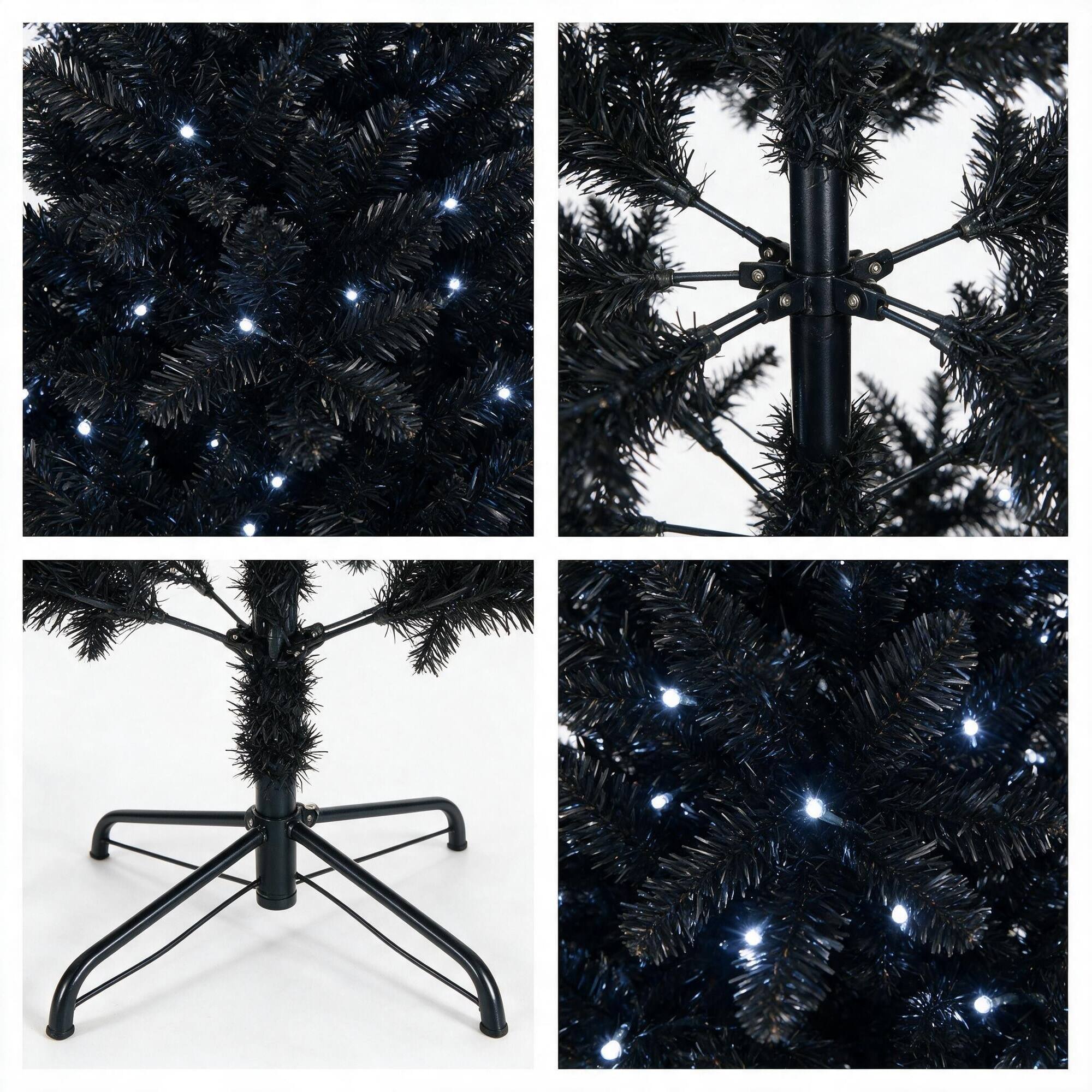 Left. RYHNUYNE - 6FT Black Christmas Tree, 350 White LED Lights 1460 Tips PE+PVC Material Hinged Metal Stand Halloween Holiday Decor - Black.