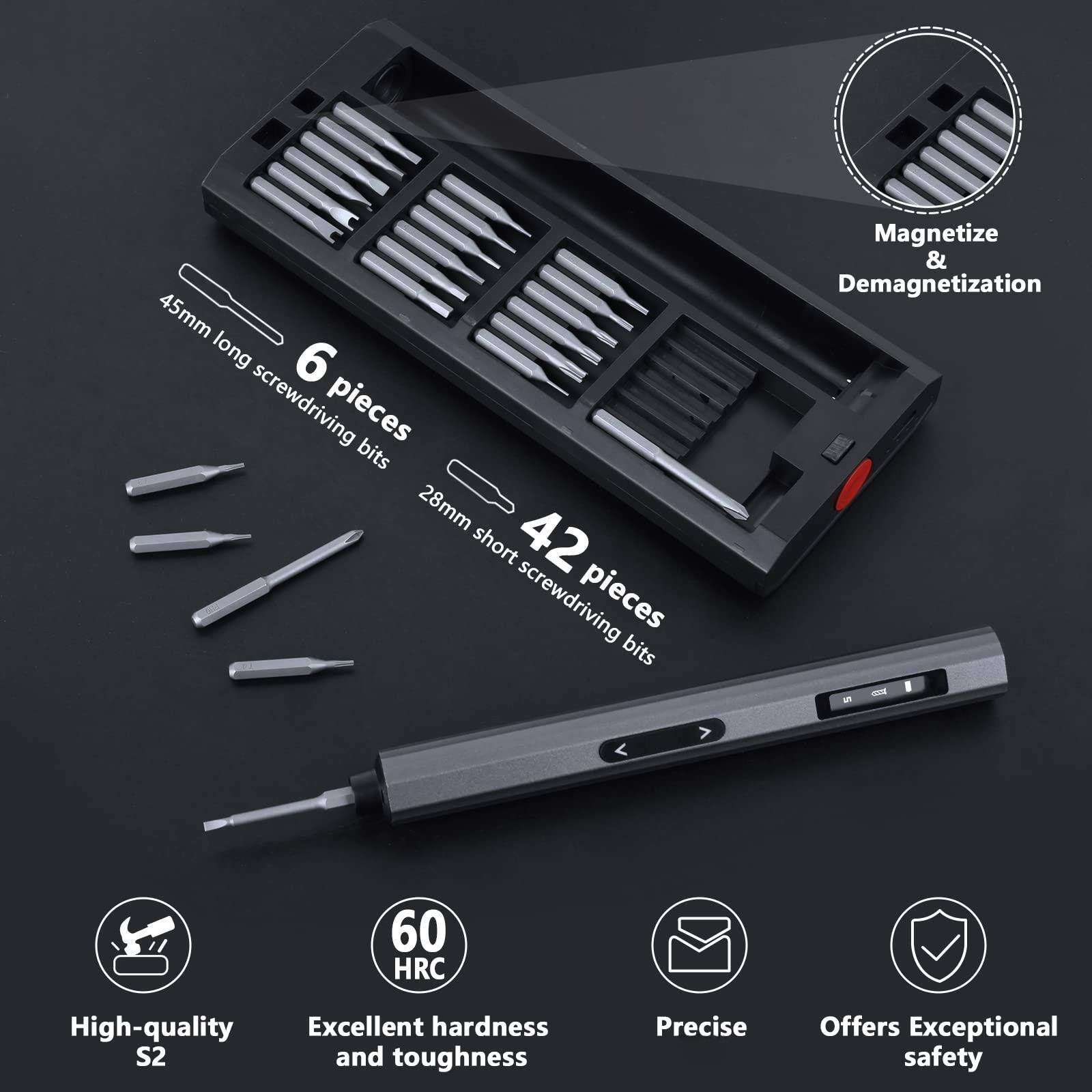 - 45mm long screwdriving bits
- 6 pieces
- 28mm short screwdriving bits
- 42 pieces
- Magnetize & Demagnetization
- High-quality S2
- Excellent hardness and toughness
- 60 HRC
- Precise
- Offers Exceptional safety