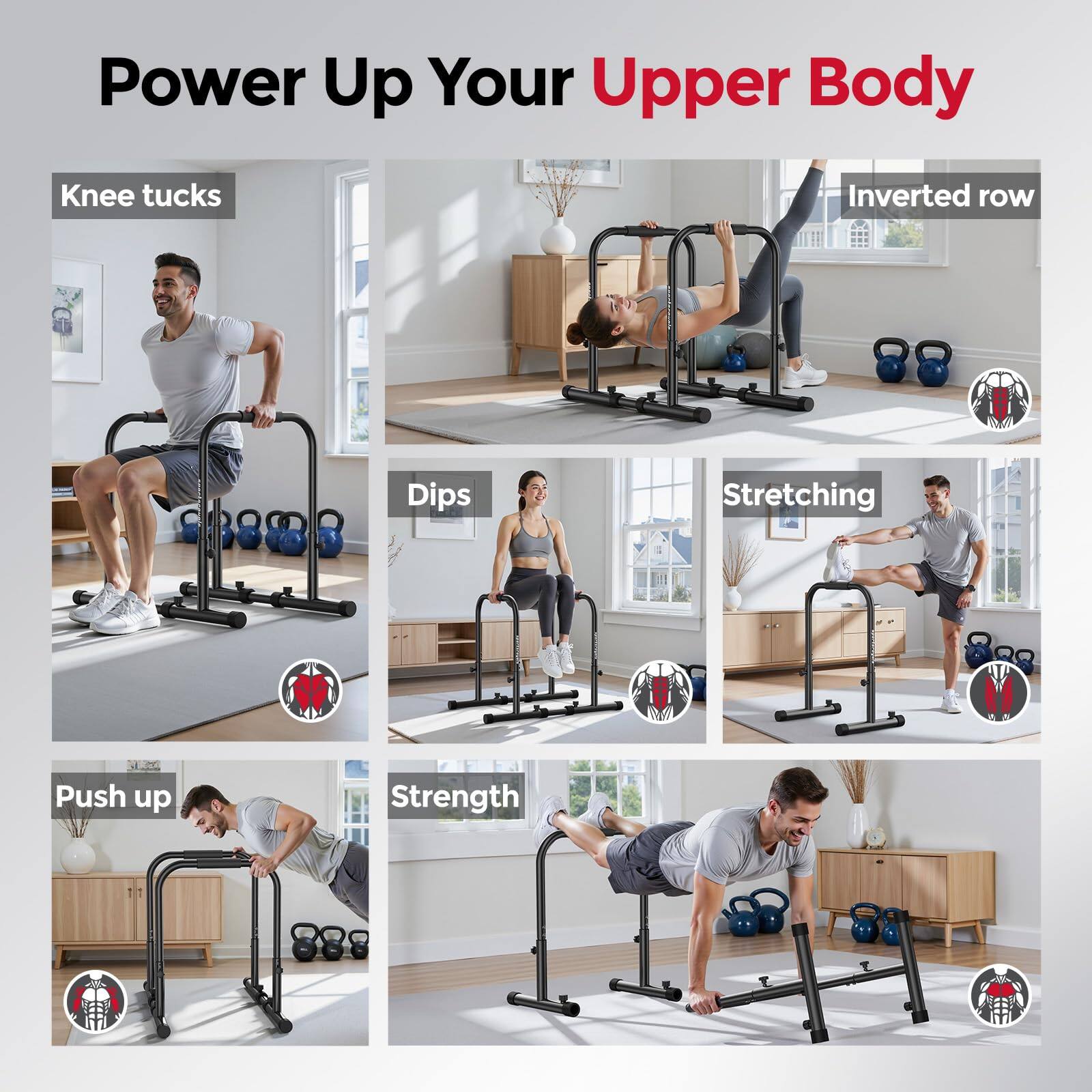 Power Up Your Upper Body

- Knee tucks
- Inverted row
- Dips
- Stretching
- Push up
- Strength
