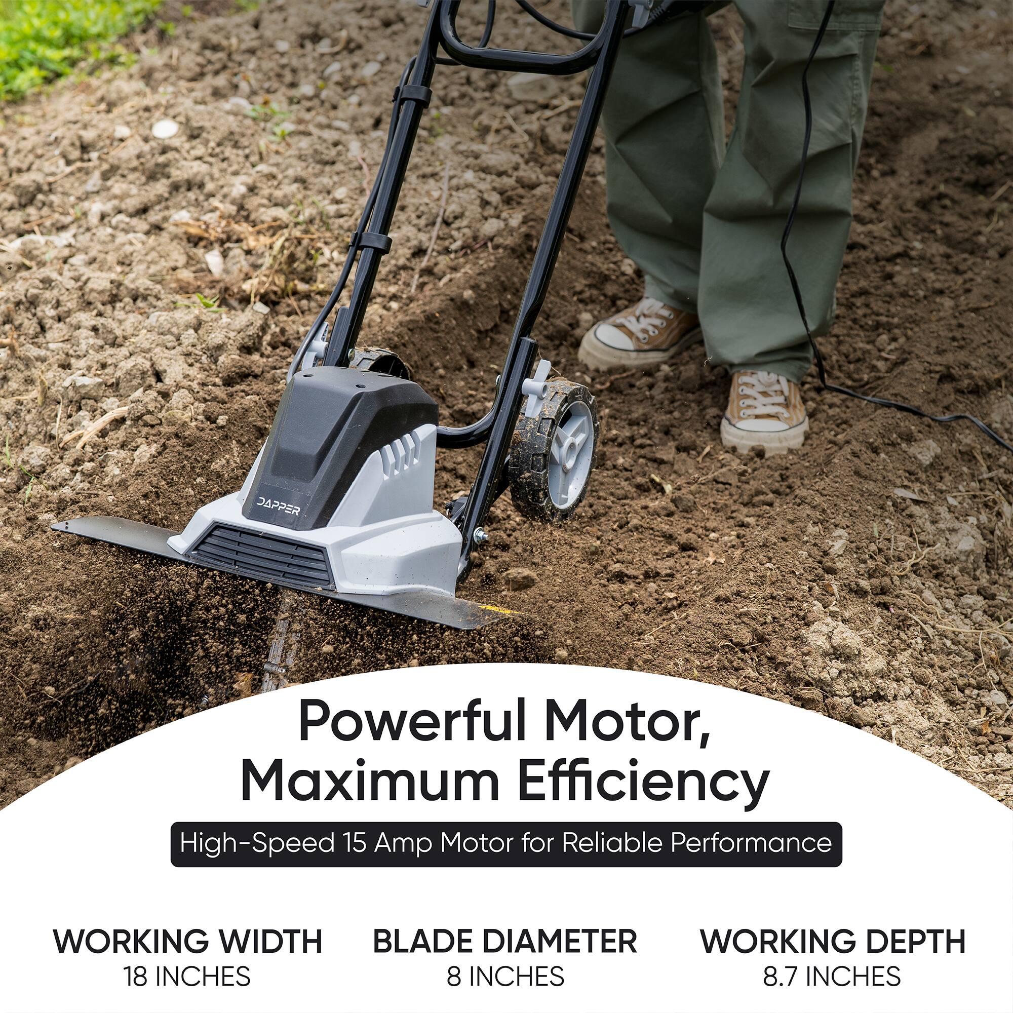 Powerful Motor, Maximum Efficiency  
High-Speed 15 Amp Motor for Reliable Performance  

WORKING WIDTH: 18 INCHES  
BLADE DIAMETER: 8 INCHES  
WORKING DEPTH: 8.7 INCHES