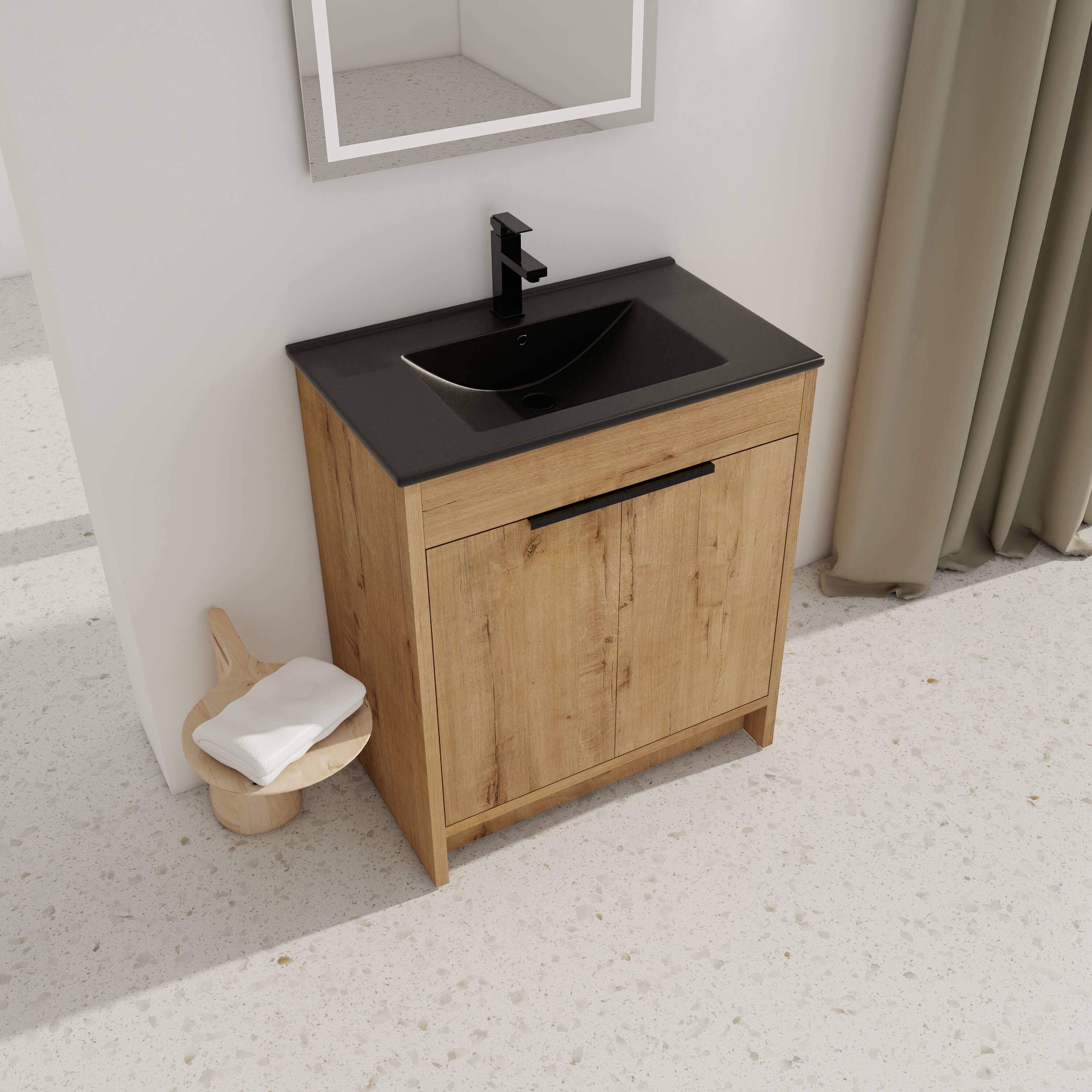 Back. TinyHomie - 30in Freestanding Bathroom Cabinet With Basin and 2 Soft-Close Cabinet Doors KD-PACKING - Imitative Oak.