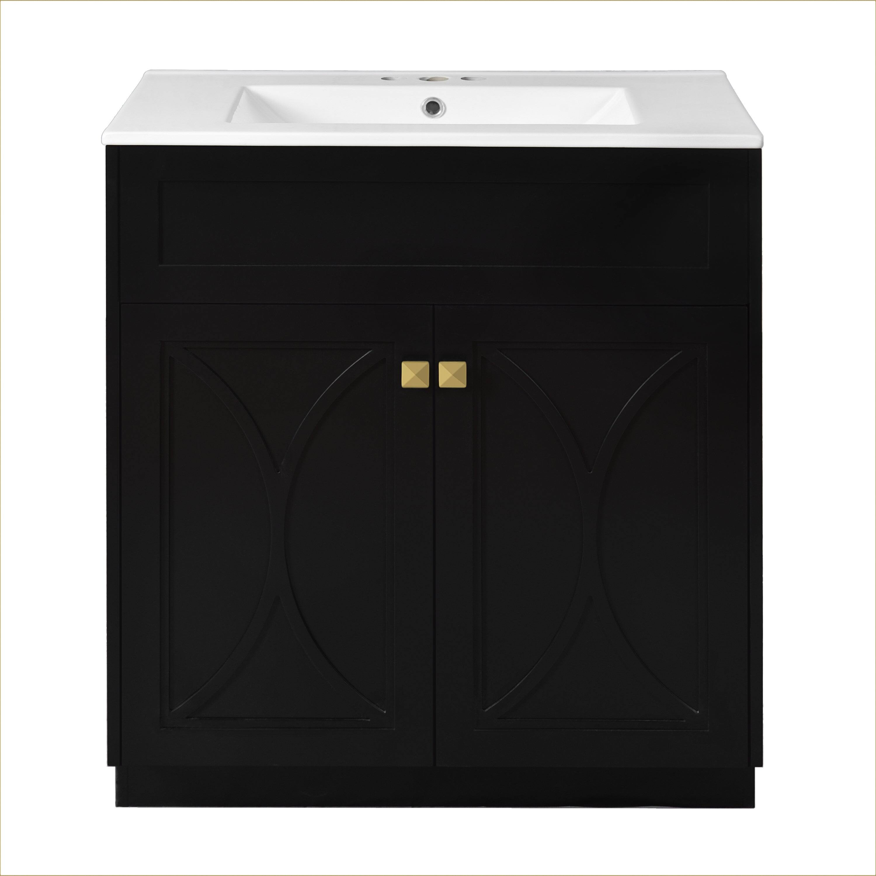 Front. Boyel Living - 30 Inch Modern Bathroom Vanity with Ceramic Sink Soft Close Doors Solid Wood FrameBlack - Black.