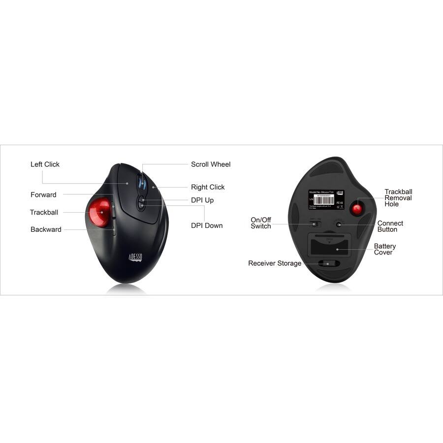 Left Click  
Scroll Wheel  
Forward  
Trackball  
Backward  
Right Click  
DPI Up  
DPI Down  
On/Off Switch  

Trackball Removal Hole  
Connect Button  
ADESSI Receiver Storage  
Battery Cover