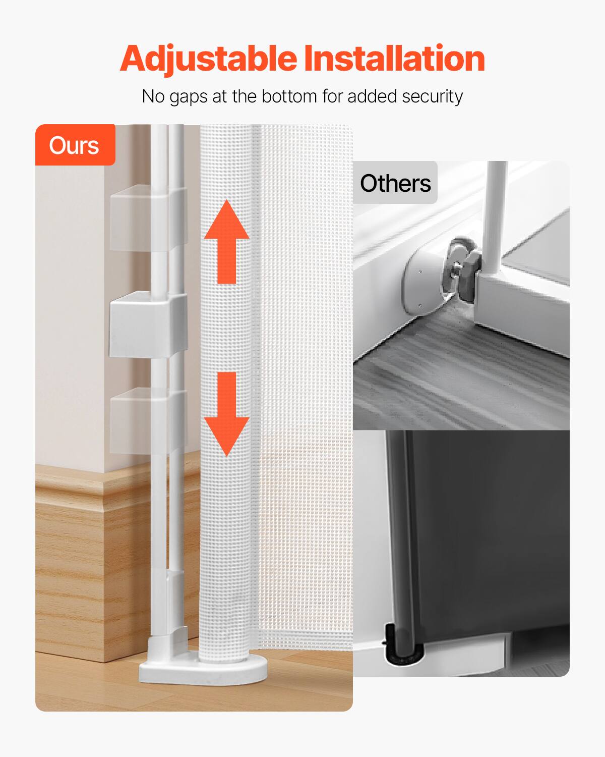 Adjustable Installation: No gaps at the bottom for added security. Ours: No gaps at the bottom. Others: Gaps at the bottom.