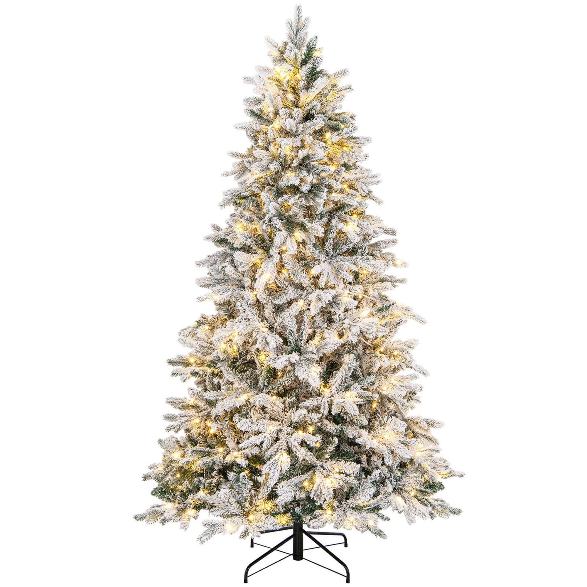 Costway - 7 FT Pre-Lit Flocked Christmas Tree Hinged w/ 300 LED Lights & 1687 Branch Tips - Green,White