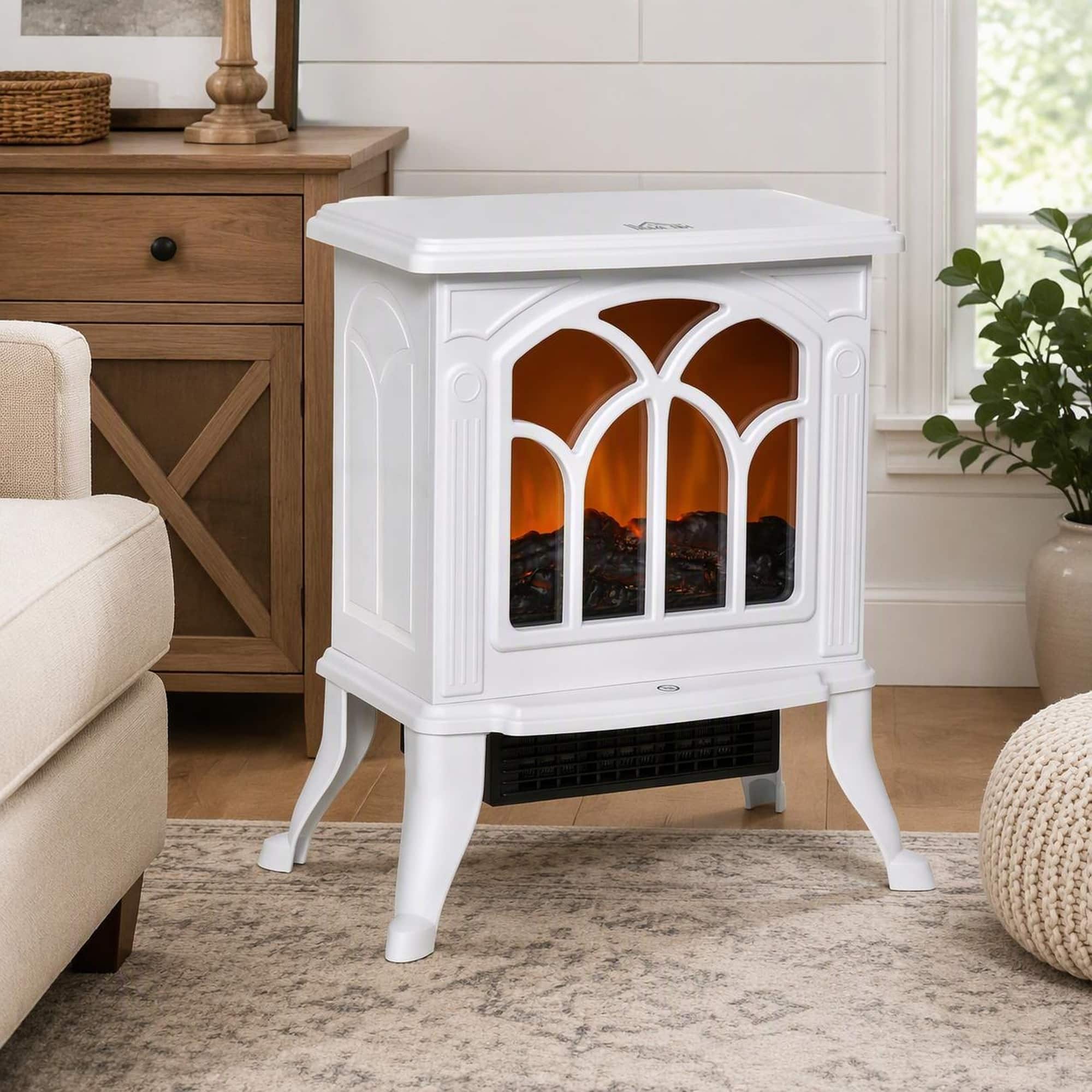RYHNUYNE - Freestanding Electric Fireplace Stove 17in, Portable Heater with Realistic Flame & Logs, 750W/1500W - White