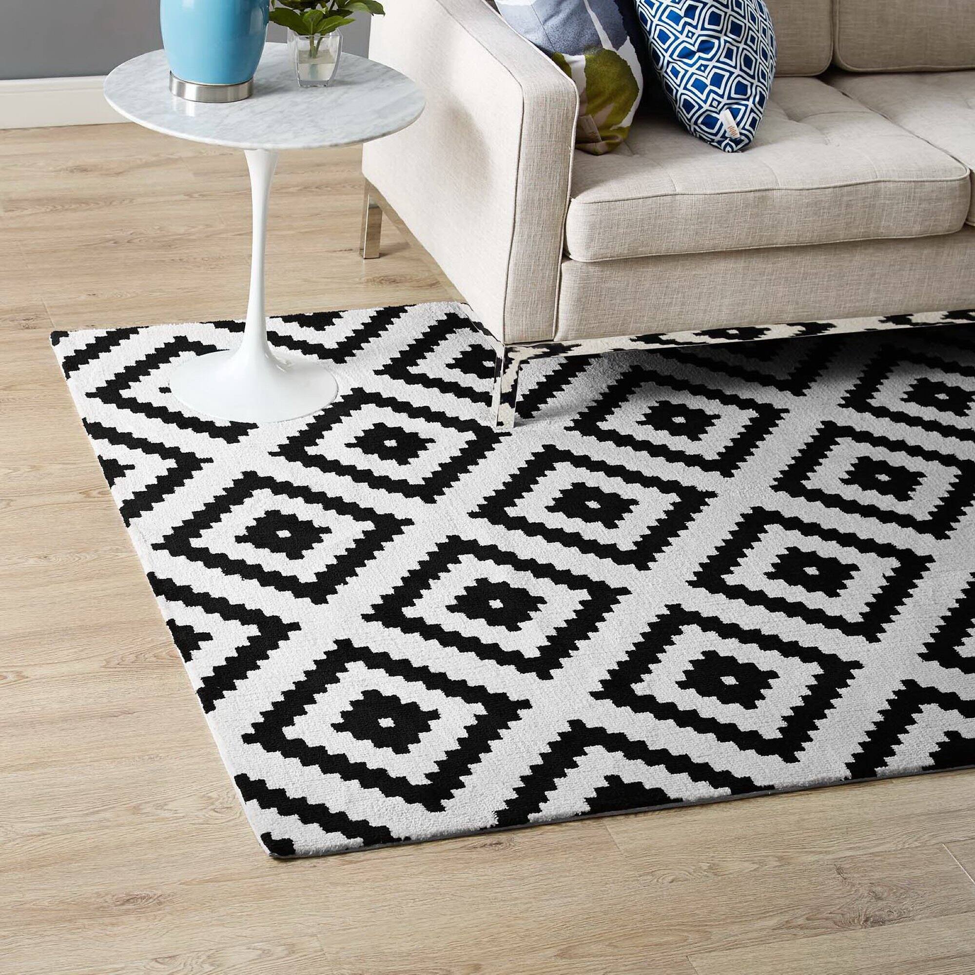 Left. Modway - Alika Abstract Diamond Trellis Area Rug - Black and White.