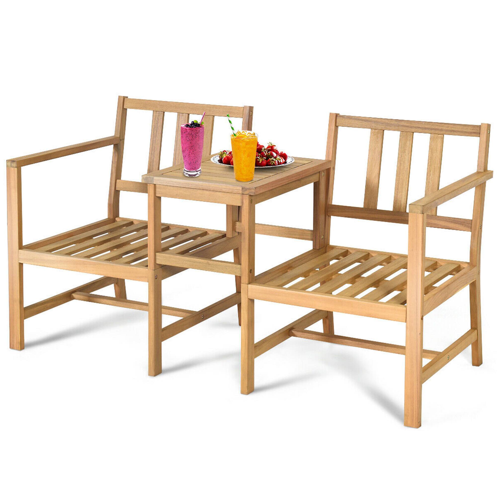 Alt View 3. Gymax - Gymax 3 in 1 Acacia Wood Furniture Set Patio Outdoor w/ Cushion Coffee Table - Natural Teak.